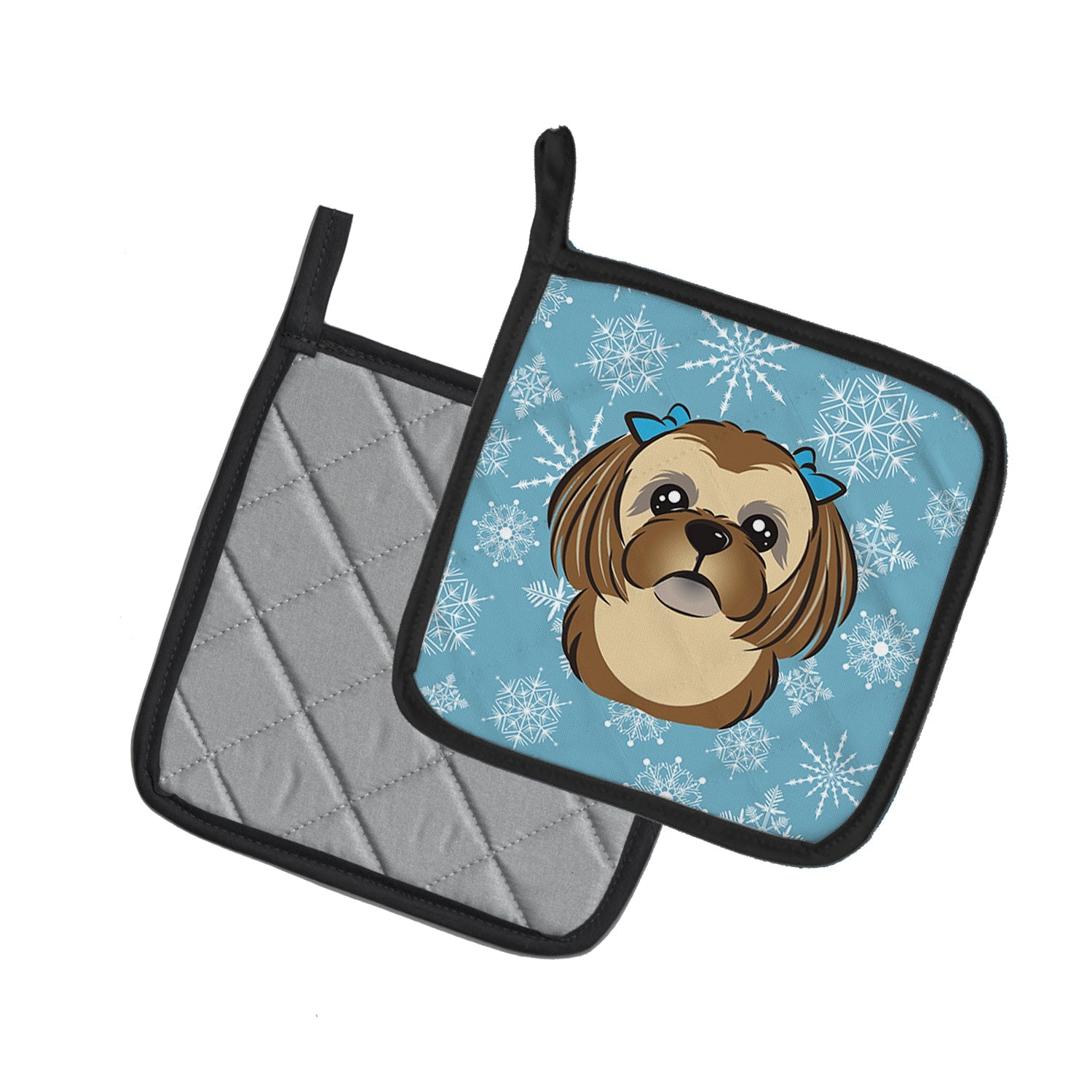 Snowflake Chocolate Brown Shih Tzu Pot Holder Set of 2 Heat Resistant Quilted Hot Pads 7.5 x 7.5 Inch, Insulated Kitchen Trivets for Cooking & Baking