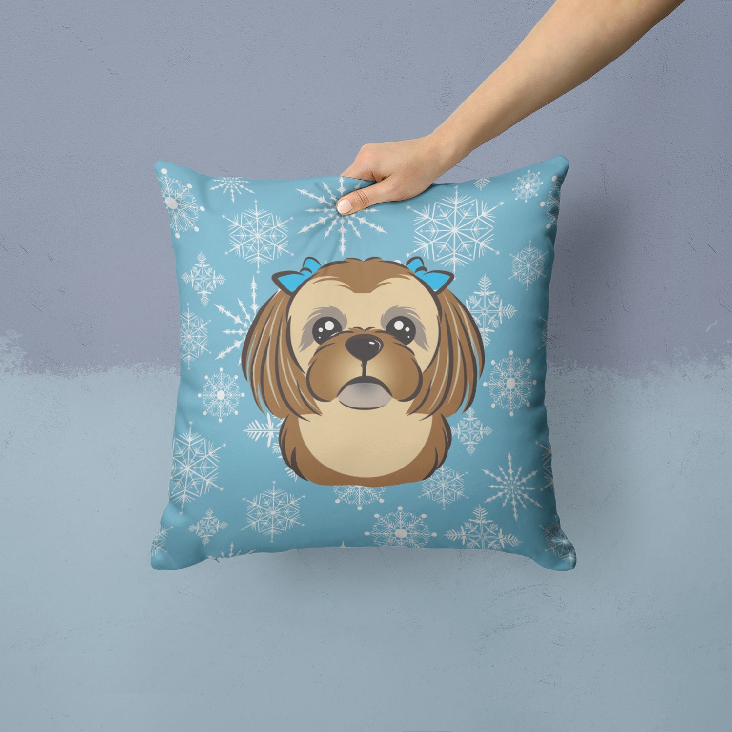 Snowflake Chocolate Brown Shih Tzu Decorative Throw Pillow 14x14 Indoor Outdoor Accent Cushion, Fabric Cover with Insert for Sofa, Bed, Porch & Living Room