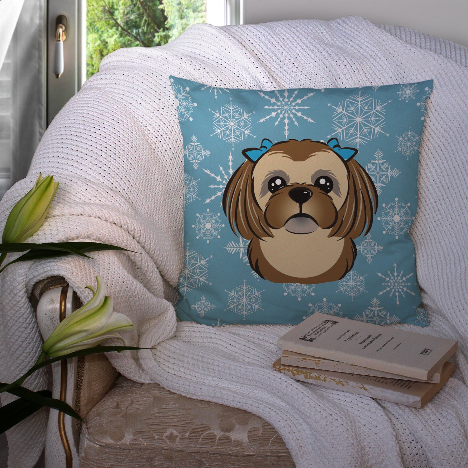 Snowflake Chocolate Brown Shih Tzu Decorative Throw Pillow 14x14 Indoor Outdoor Accent Cushion, Fabric Cover with Insert for Sofa, Bed, Porch & Living Room