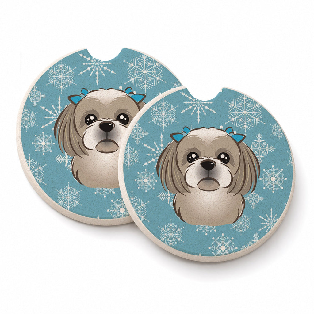 Snowflake Gray Silver Shih Tzu Set of 2 Cup Holder Car Coasters Absorbent Round Sandstone Coasters Gifts for Men or Women, 2.5, Multicolor
