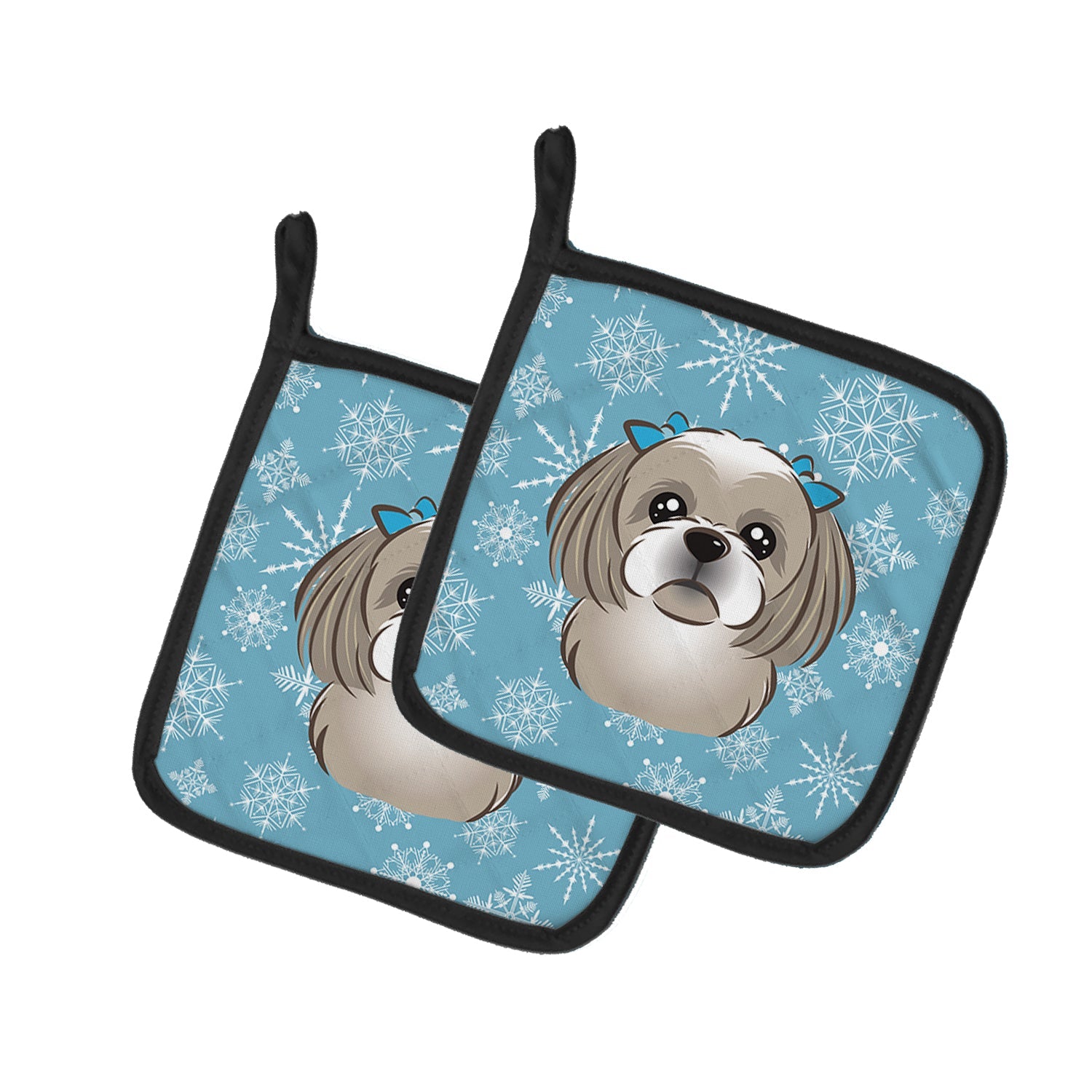 Snowflake Gray Silver Shih Tzu Pot Holder Set of 2 Heat Resistant Quilted Hot Pads 7.5 x 7.5 Inch, Insulated Kitchen Trivets for Cooking & Baking