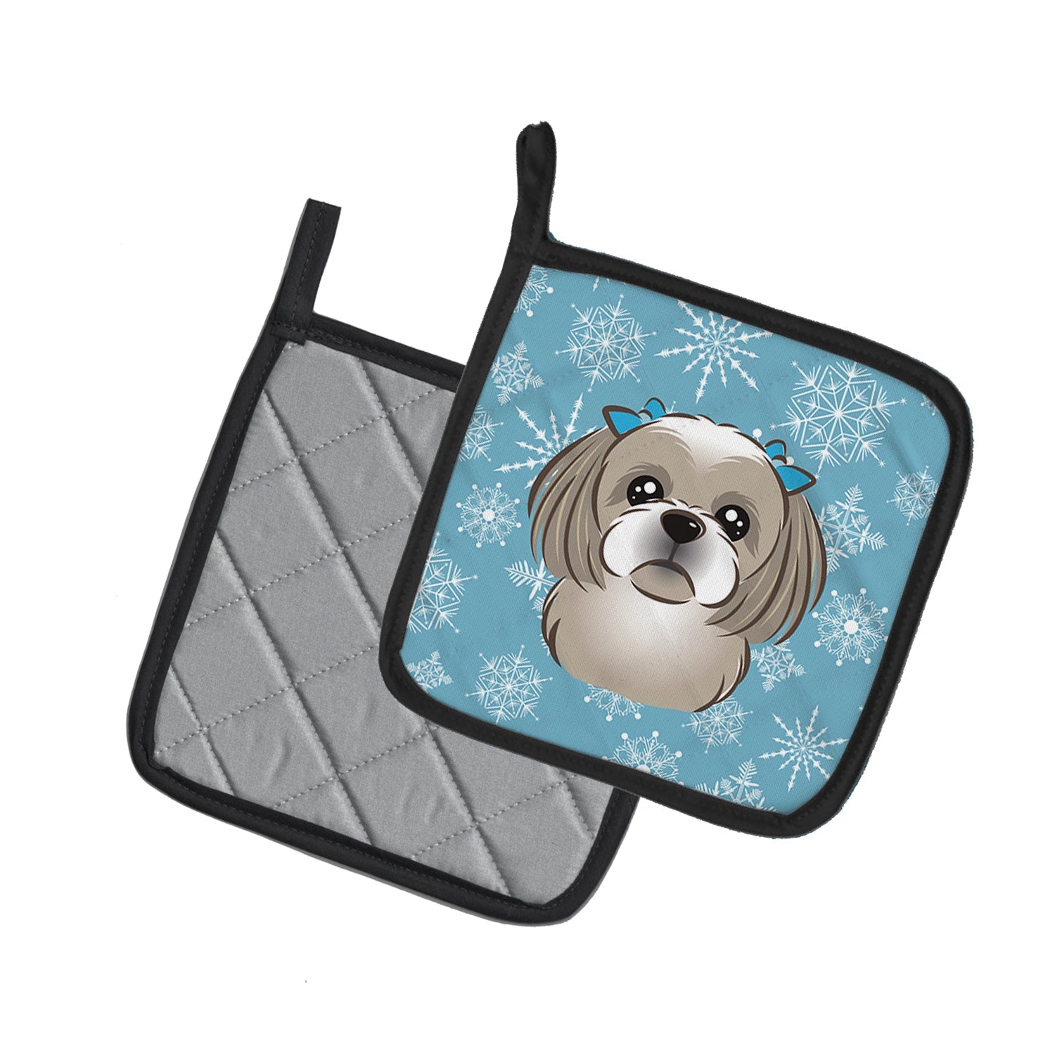 Snowflake Gray Silver Shih Tzu Pot Holder Set of 2 Heat Resistant Quilted Hot Pads 7.5 x 7.5 Inch, Insulated Kitchen Trivets for Cooking & Baking