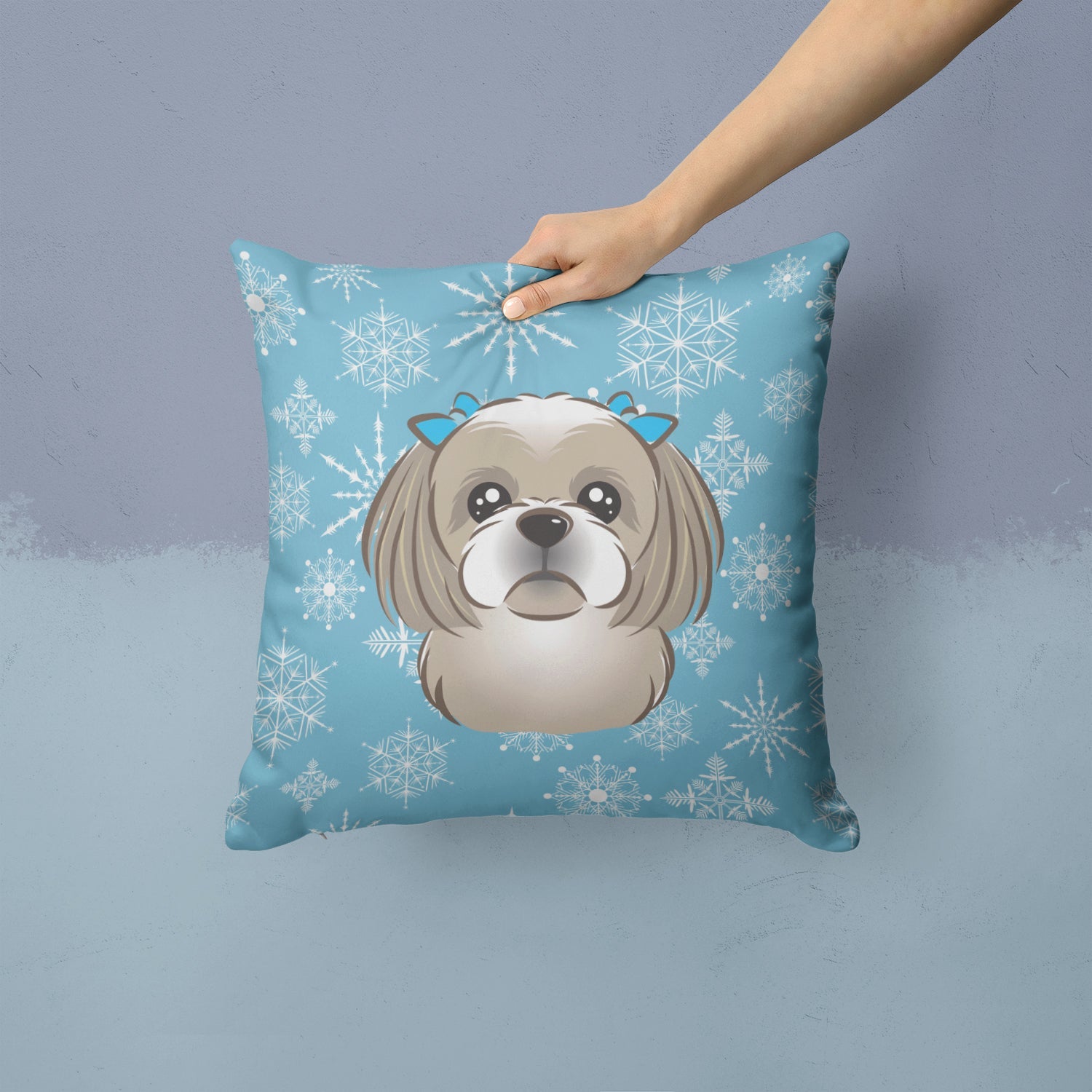 Snowflake Gray Silver Shih Tzu Decorative Throw Pillow 14x14 Indoor Outdoor Accent Cushion, Fabric Cover with Insert for Sofa, Bed, Porch & Living Room