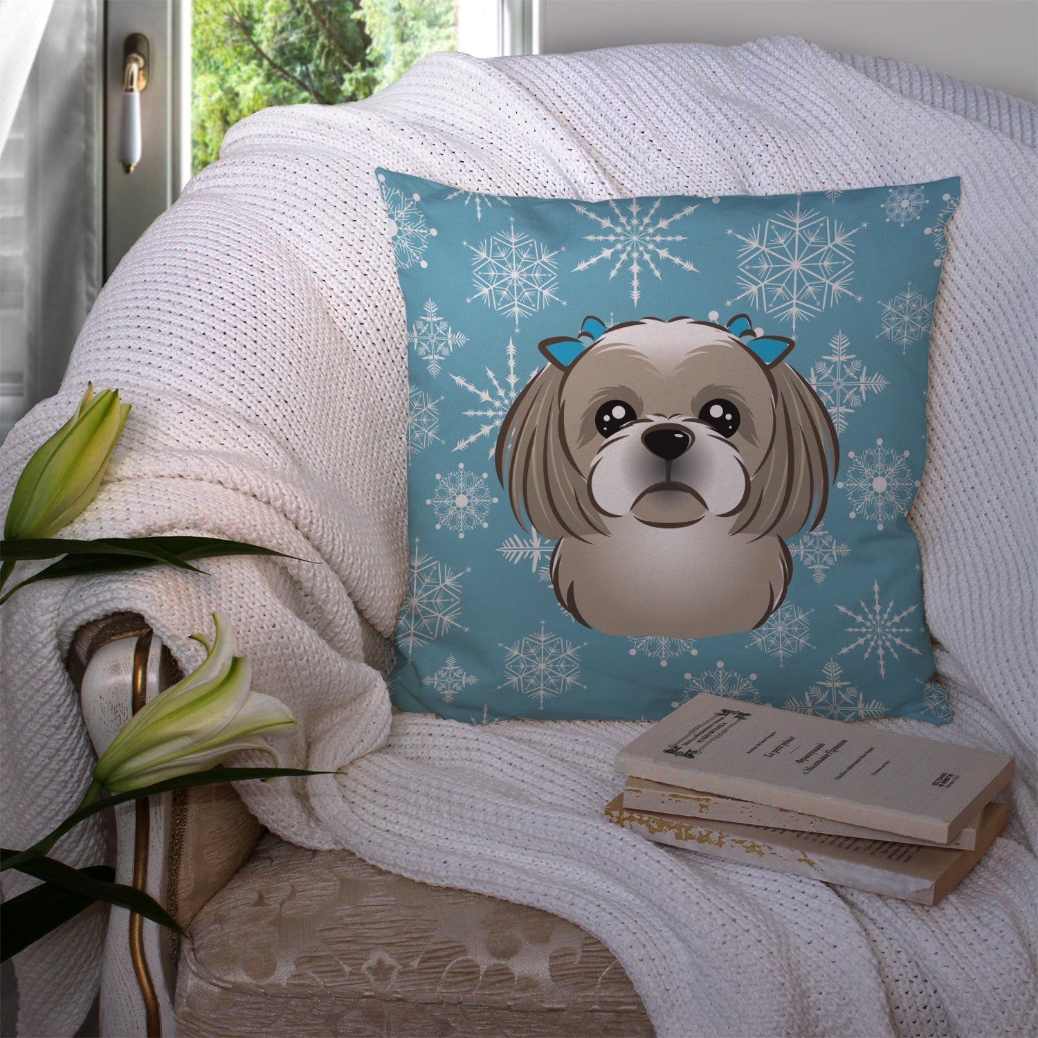 Snowflake Gray Silver Shih Tzu Decorative Throw Pillow 14x14 Indoor Outdoor Accent Cushion, Fabric Cover with Insert for Sofa, Bed, Porch & Living Room