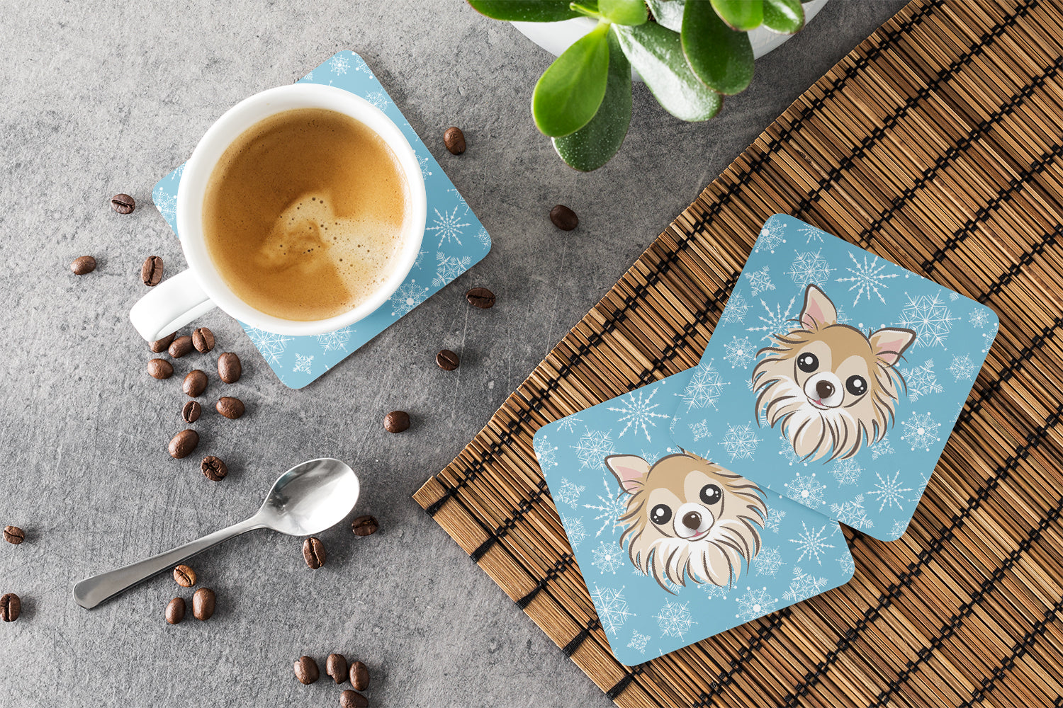 Snowflake Chihuahua Foam Coasters Set of 4 Cup Coasters for Indoor Outdoor, Tabletop Protection, Anti Slip, Mouse pad Material