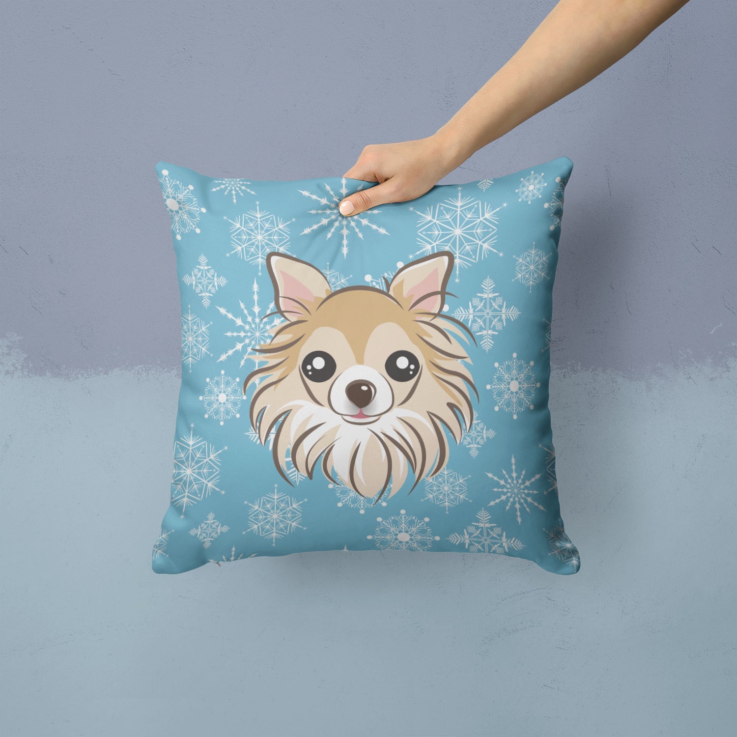Snowflake Chihuahua Decorative Throw Pillow 14x14 Indoor Outdoor Accent Cushion, Fabric Cover with Insert for Sofa, Bed, Porch & Living Room