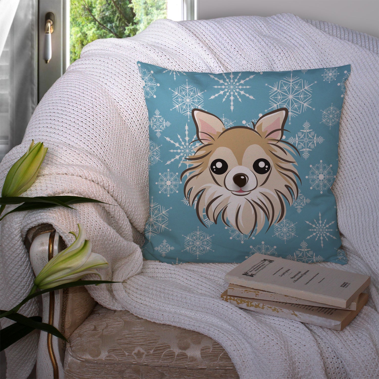 Snowflake Chihuahua Decorative Throw Pillow 14x14 Indoor Outdoor Accent Cushion, Fabric Cover with Insert for Sofa, Bed, Porch & Living Room