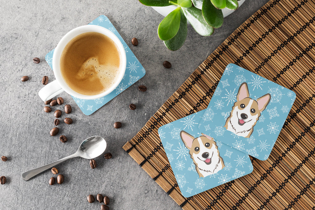 Snowflake Sable Corgi Foam Coasters Set of 4 Cup Coasters for Indoor Outdoor, Tabletop Protection, Anti Slip, Mouse pad Material