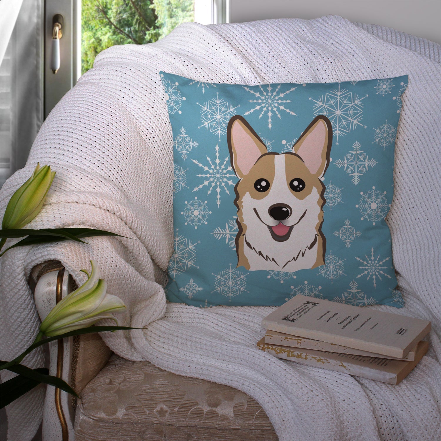 Snowflake Sable Corgi Decorative Throw Pillow 14x14 Indoor Outdoor Accent Cushion, Fabric Cover with Insert for Sofa, Bed, Porch & Living Room