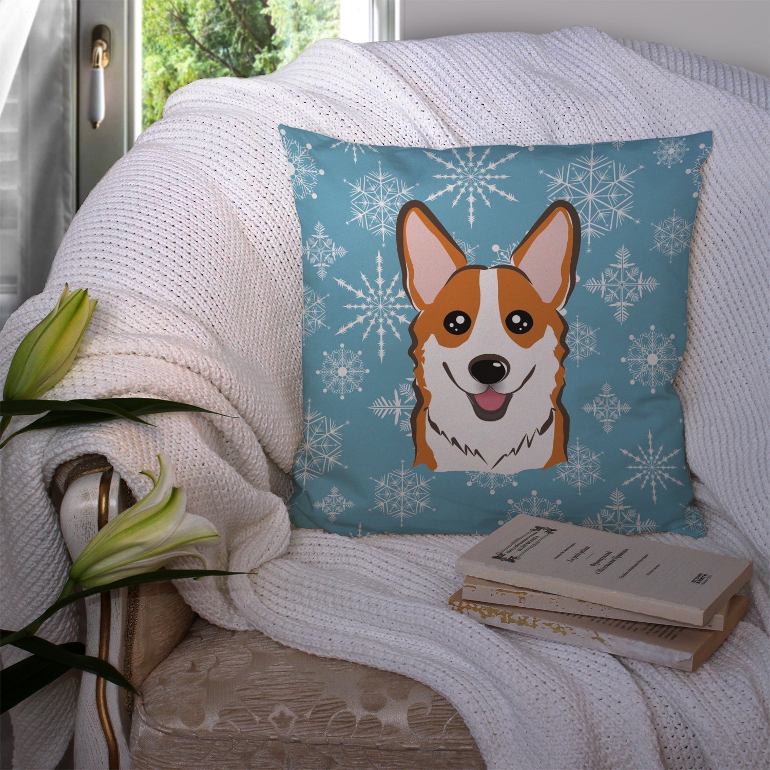 Snowflake Red Corgi Decorative Throw Pillow 14x14 Indoor Outdoor Accent Cushion, Fabric Cover with Insert for Sofa, Bed, Porch & Living Room