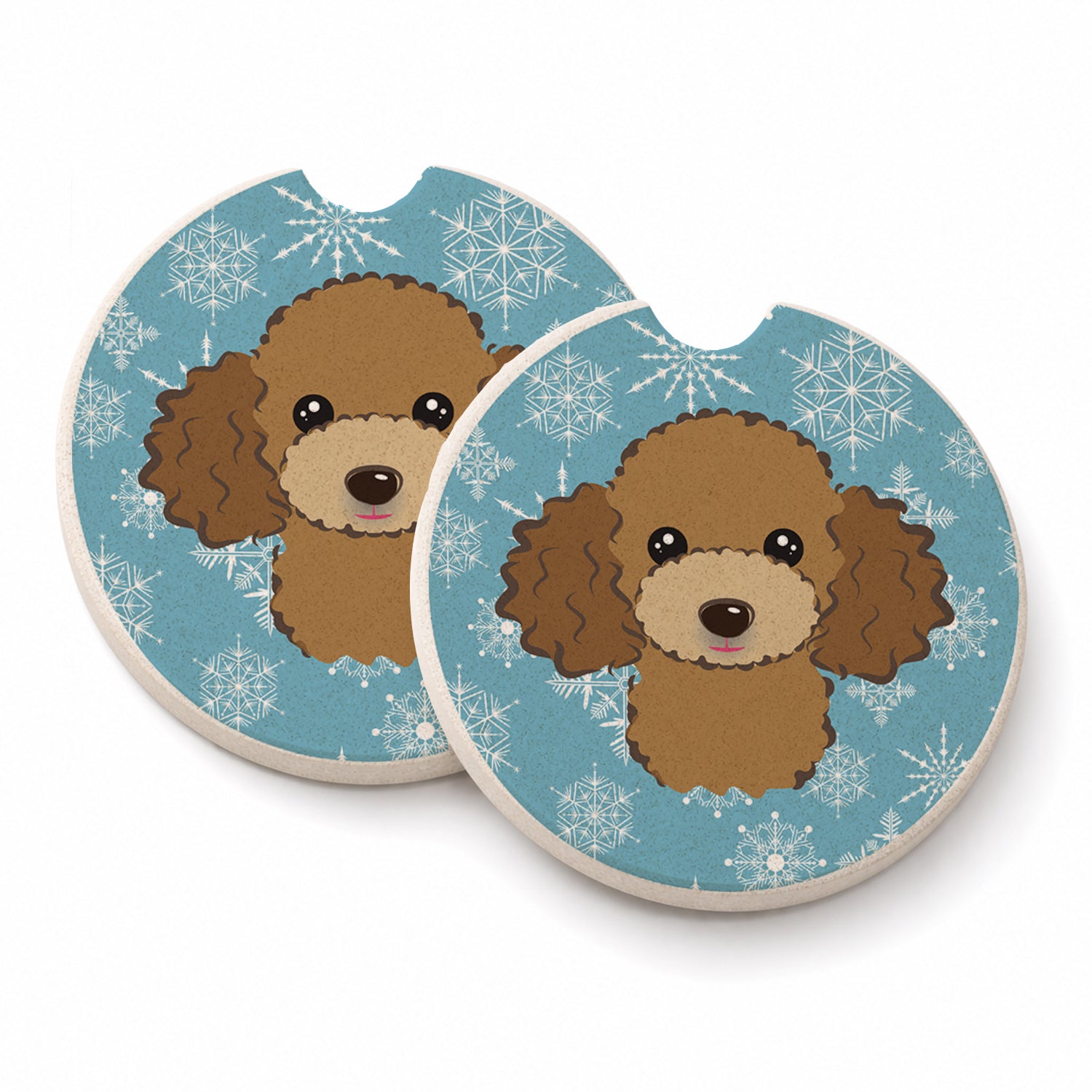 Snowflake Chocolate Brown Poodle Set of 2 Cup Holder Car Coasters Absorbent Round Sandstone Coasters Gifts for Men or Women, 2.5, Multicolor