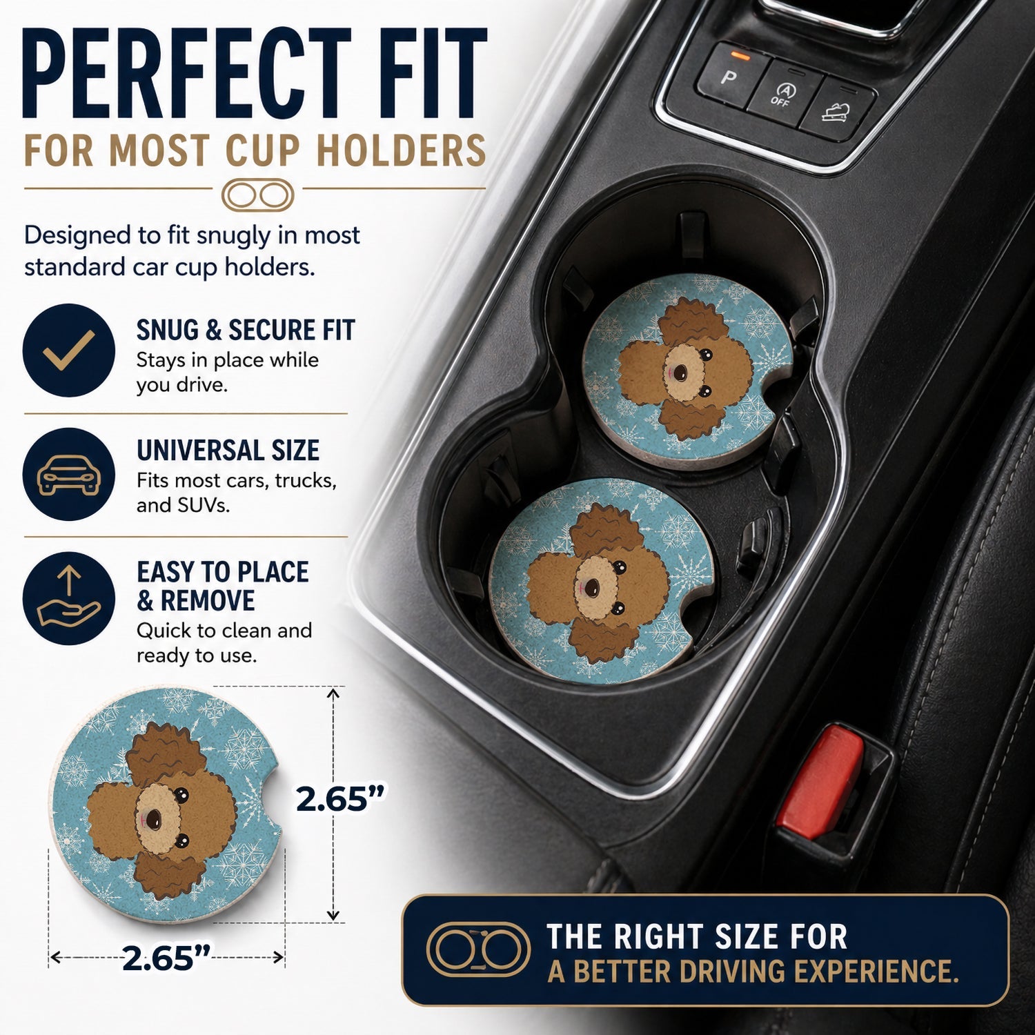 Snowflake Chocolate Brown Poodle Set of 2 Cup Holder Car Coasters Absorbent Round Sandstone Coasters Gifts for Men or Women, 2.5, Multicolor