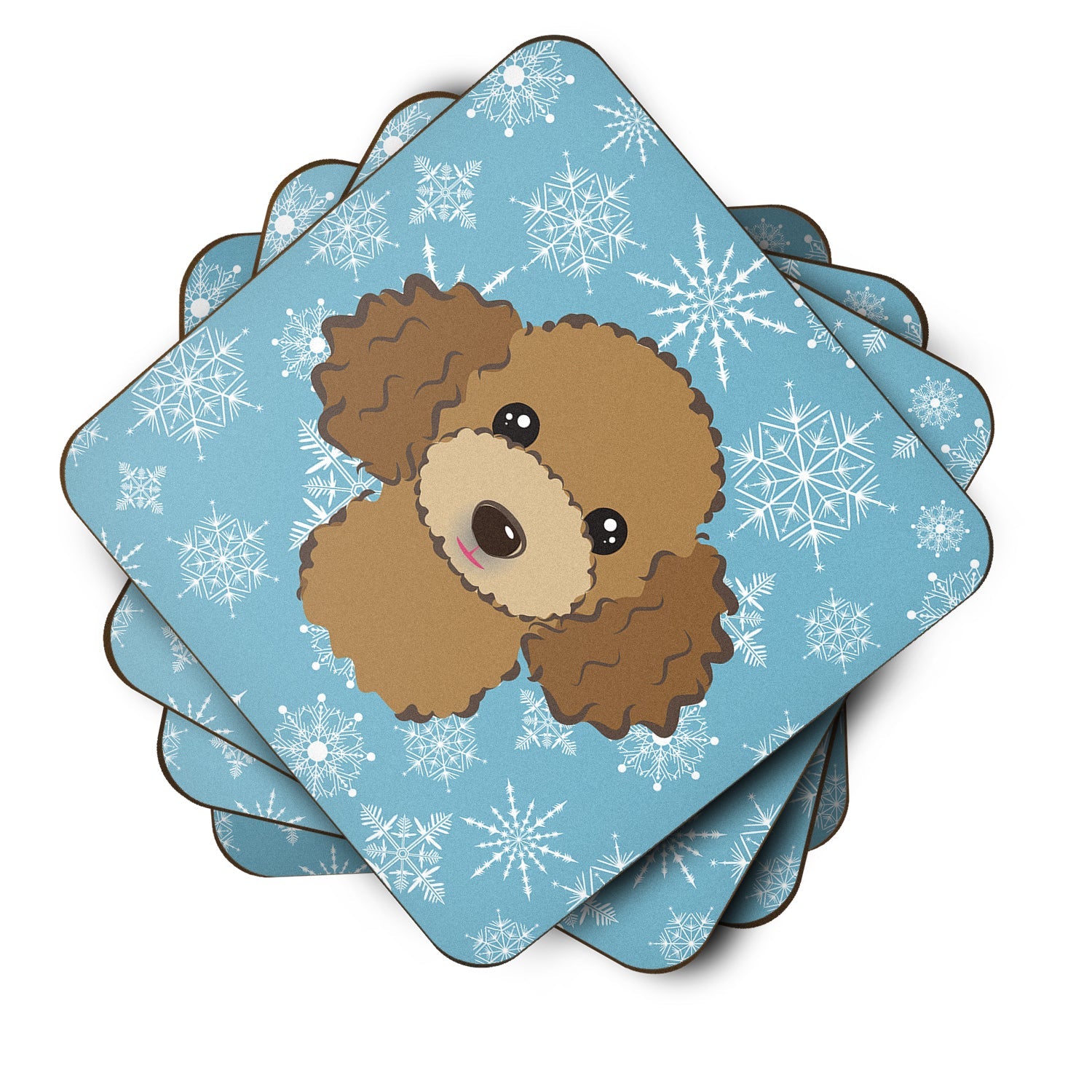 Snowflake Chocolate Brown Poodle Foam Coasters Set of 4 Cup Coasters for Indoor Outdoor, Tabletop Protection, Anti Slip, Mouse pad Material