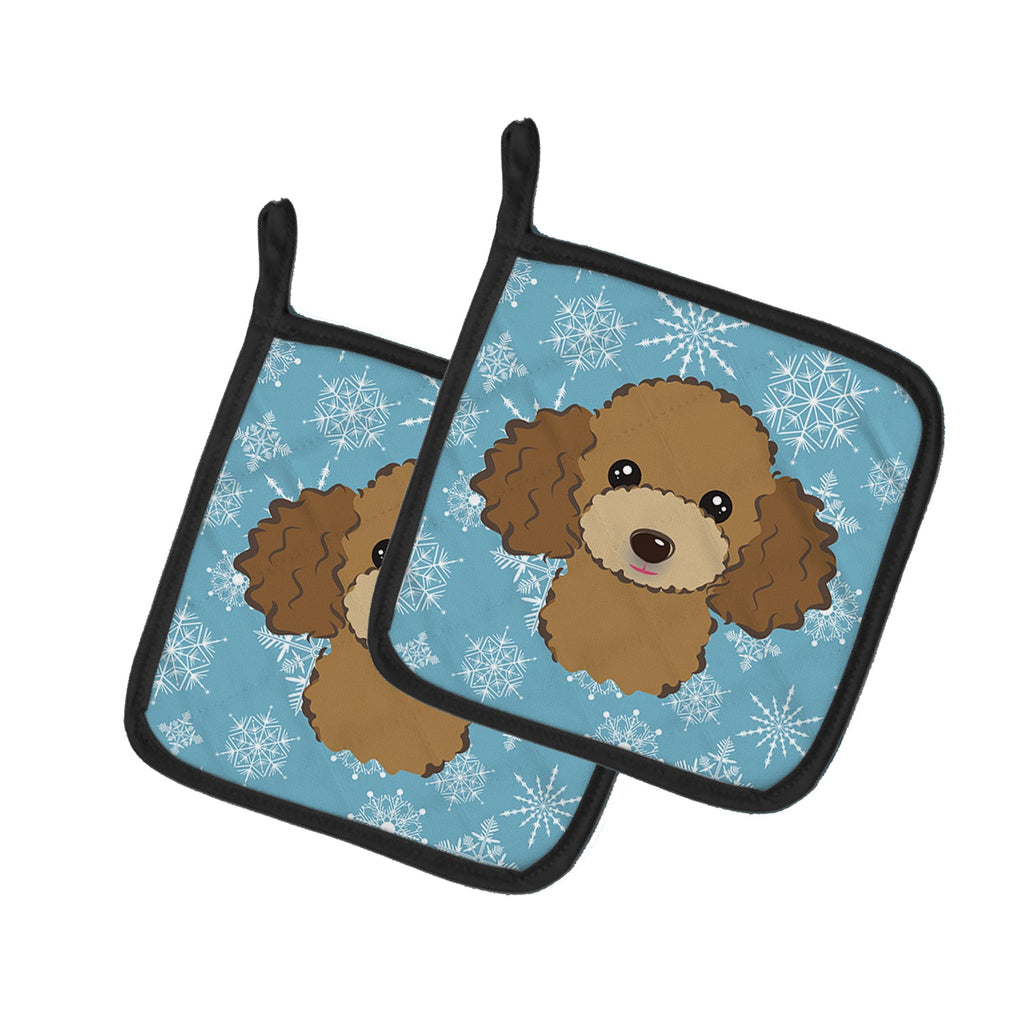 Snowflake Chocolate Brown Poodle Pot Holder Set of 2 Heat Resistant Quilted Hot Pads 7.5 x 7.5 Inch, Insulated Kitchen Trivets for Cooking & Baking