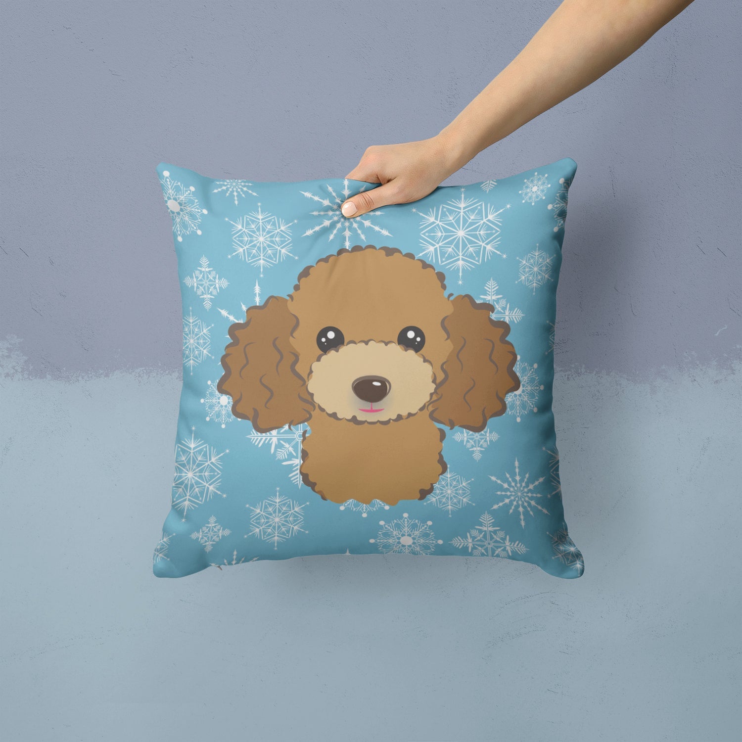 Snowflake Chocolate Brown Poodle Decorative Throw Pillow 14x14 Indoor Outdoor Accent Cushion, Fabric Cover with Insert for Sofa, Bed, Porch & Living Room