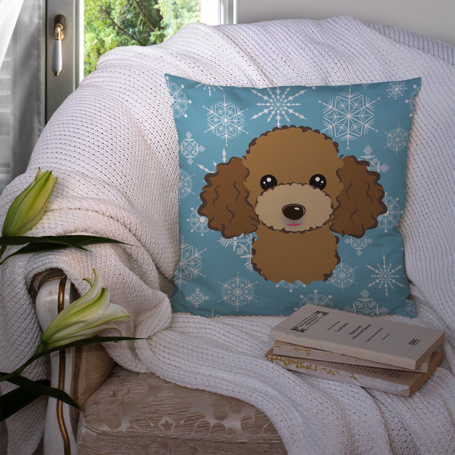 Snowflake Chocolate Brown Poodle Decorative Throw Pillow 14x14 Indoor Outdoor Accent Cushion, Fabric Cover with Insert for Sofa, Bed, Porch & Living Room