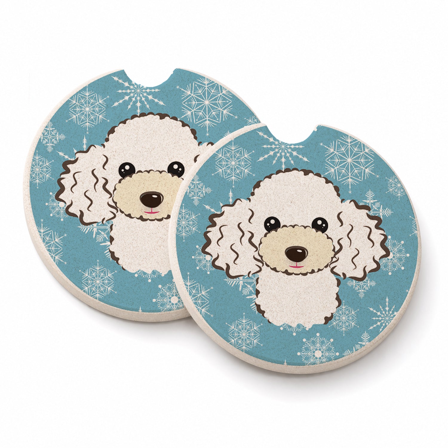 Snowflake White Poodle Set of 2 Cup Holder Car Coasters Absorbent Round Sandstone Coasters Gifts for Men or Women, 2.5, Multicolor