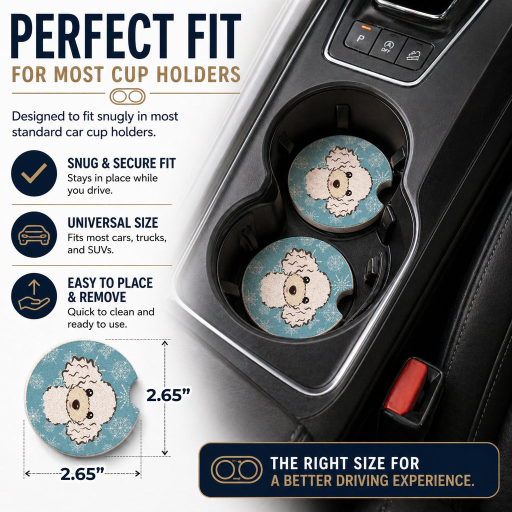 Snowflake White Poodle Set of 2 Cup Holder Car Coasters Absorbent Round Sandstone Coasters Gifts for Men or Women, 2.5, Multicolor