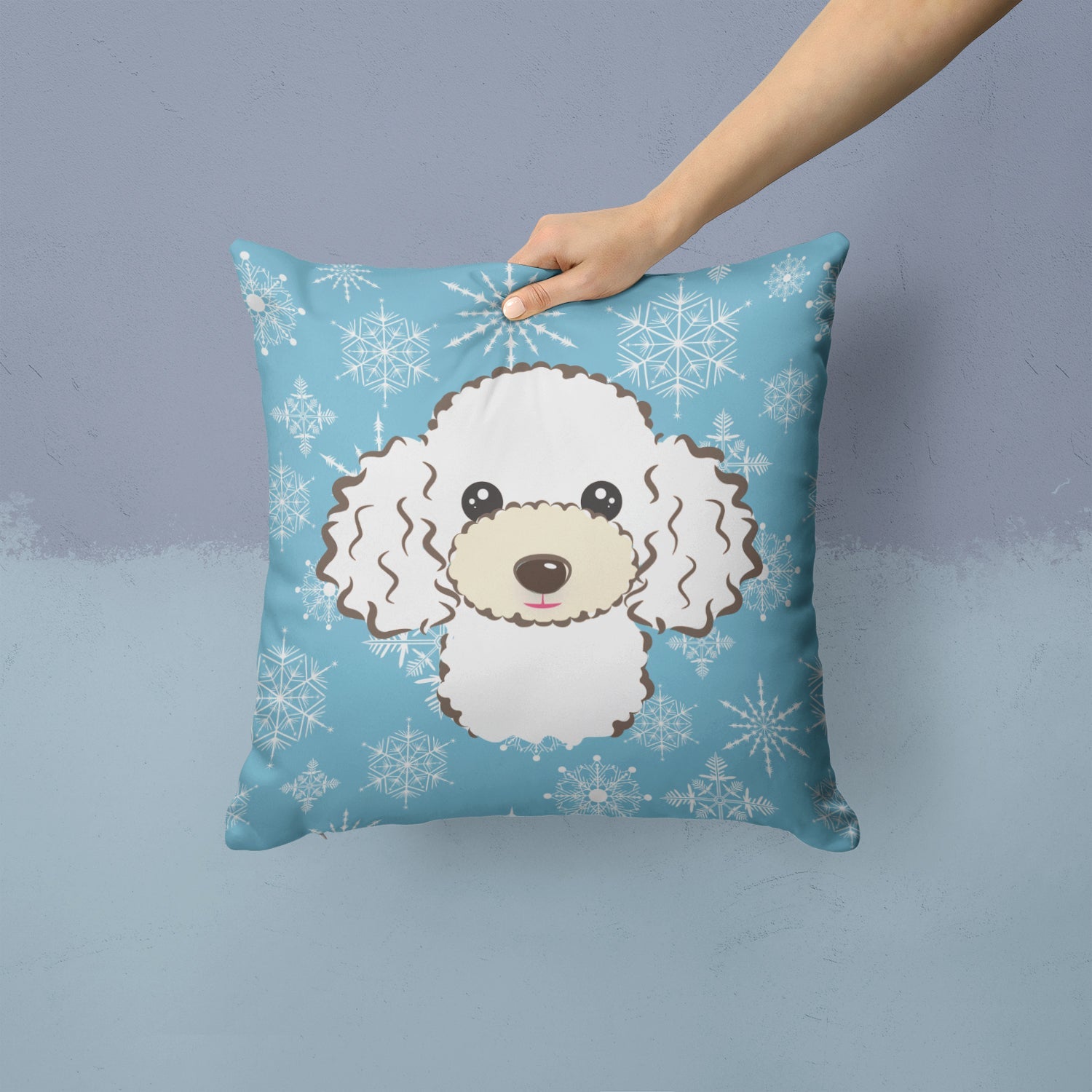 Snowflake White Poodle Decorative Throw Pillow 14x14 Indoor Outdoor Accent Cushion, Fabric Cover with Insert for Sofa, Bed, Porch & Living Room