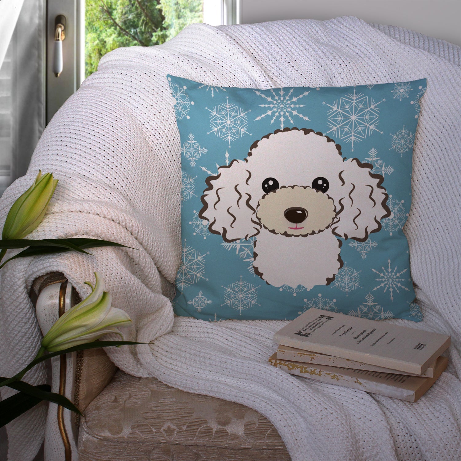 Snowflake White Poodle Decorative Throw Pillow 14x14 Indoor Outdoor Accent Cushion, Fabric Cover with Insert for Sofa, Bed, Porch & Living Room