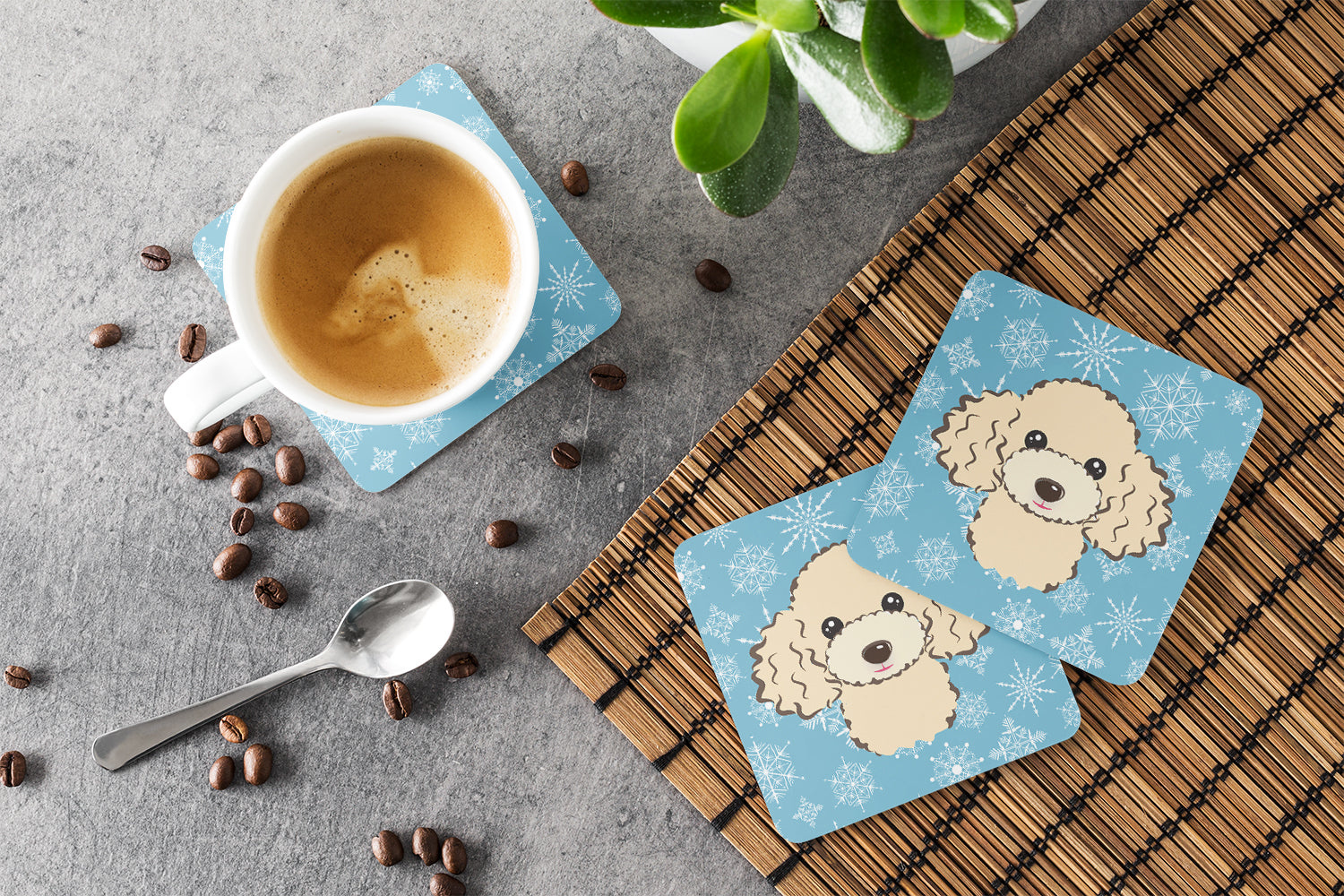 Snowflake Buff Poodle Foam Coasters Set of 4 Cup Coasters for Indoor Outdoor, Tabletop Protection, Anti Slip, Mouse pad Material