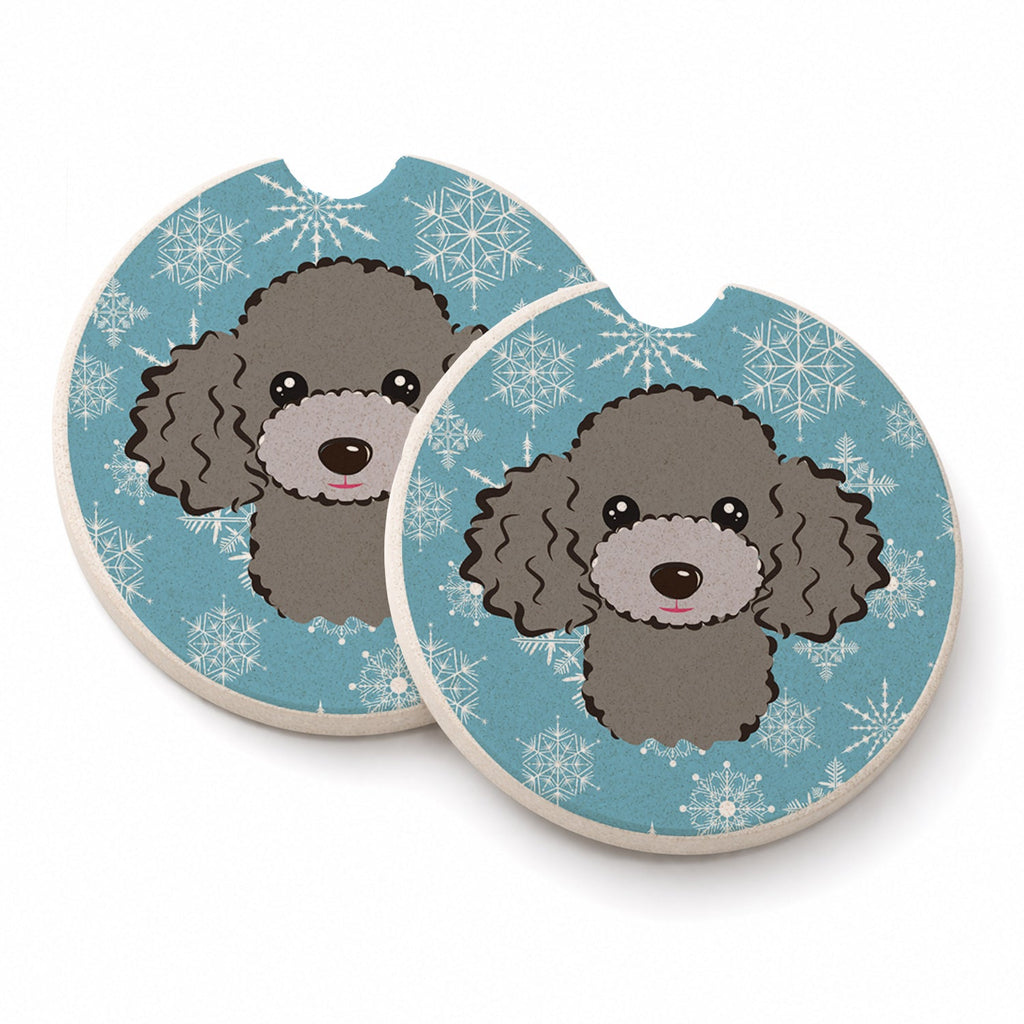 Snowflake Silver Gray Poodle Set of 2 Cup Holder Car Coasters Absorbent Round Sandstone Coasters Gifts for Men or Women, 2.5, Multicolor
