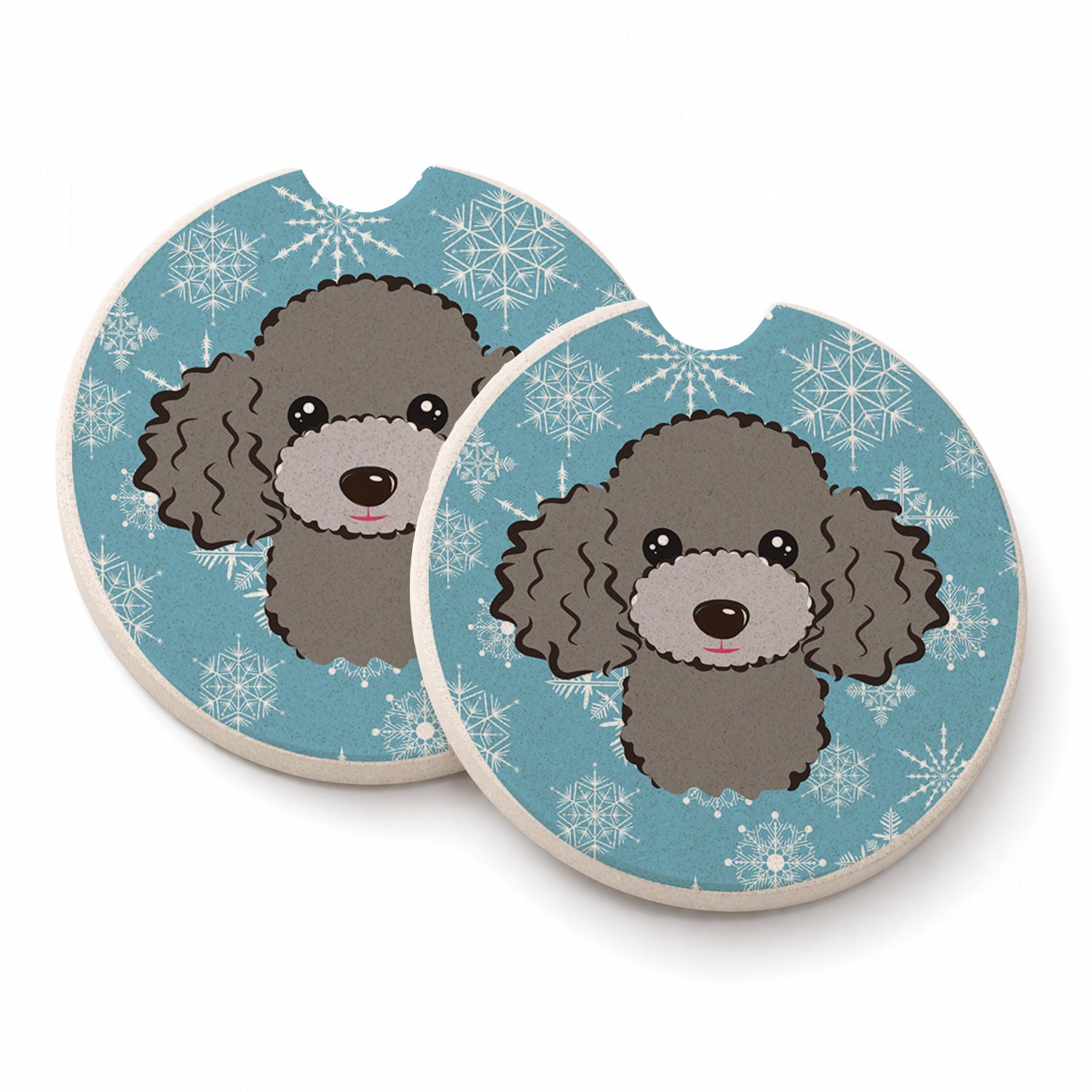 Snowflake Silver Gray Poodle Set of 2 Cup Holder Car Coasters Absorbent Round Sandstone Coasters Gifts for Men or Women, 2.5, Multicolor
