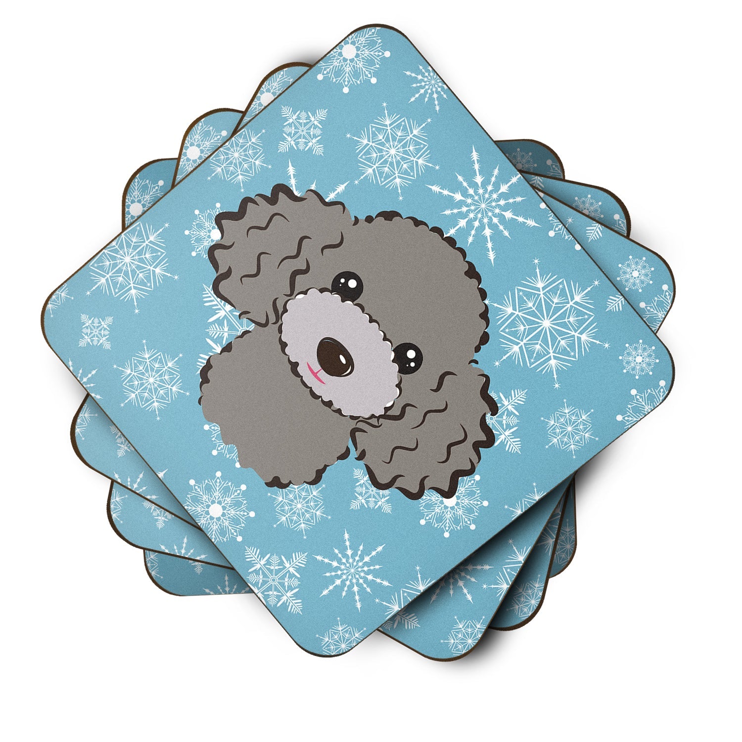 Snowflake Silver Gray Poodle Foam Coasters Set of 4 Cup Coasters for Indoor Outdoor, Tabletop Protection, Anti Slip, Mouse pad Material