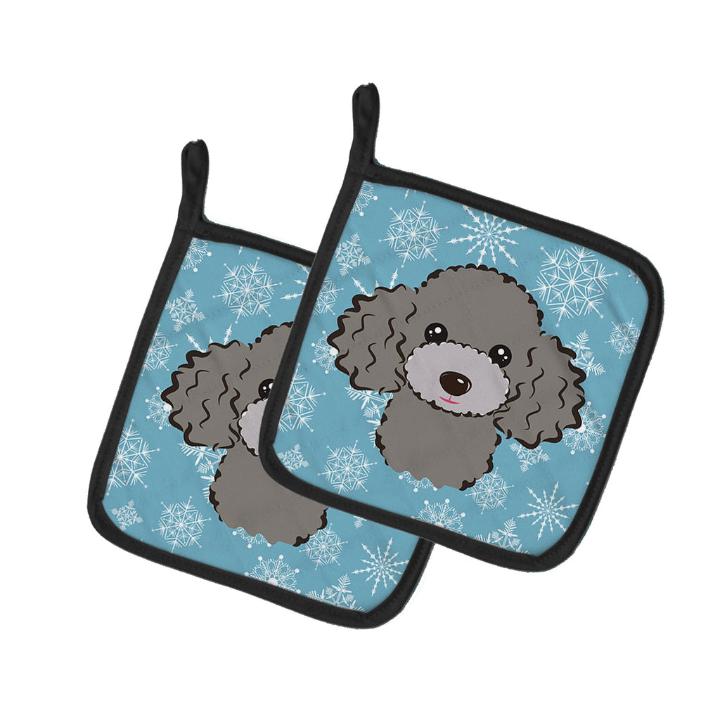 Snowflake Silver Gray Poodle Pot Holder Set of 2 Heat Resistant Quilted Hot Pads 7.5 x 7.5 Inch, Insulated Kitchen Trivets for Cooking & Baking