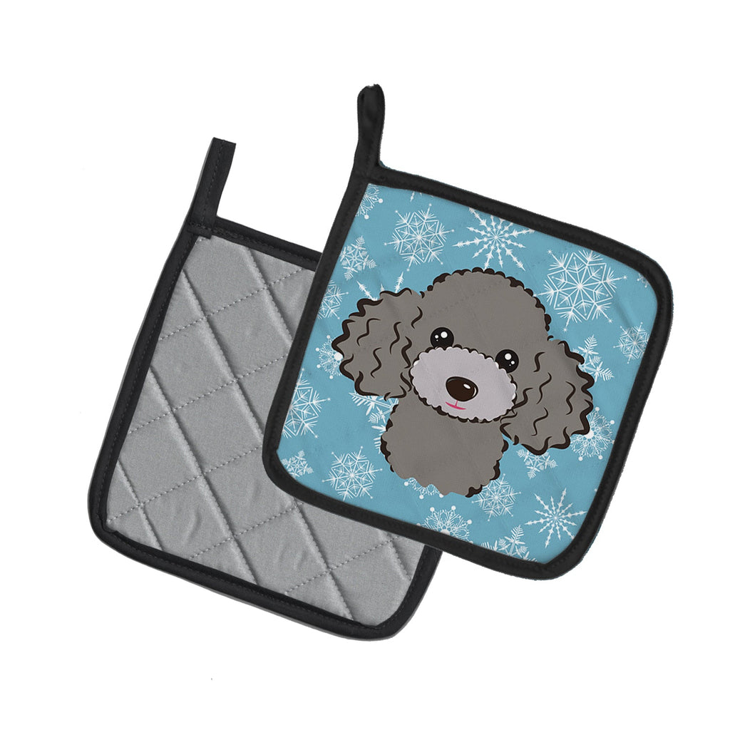 Snowflake Silver Gray Poodle Pot Holder Set of 2 Heat Resistant Quilted Hot Pads 7.5 x 7.5 Inch, Insulated Kitchen Trivets for Cooking & Baking
