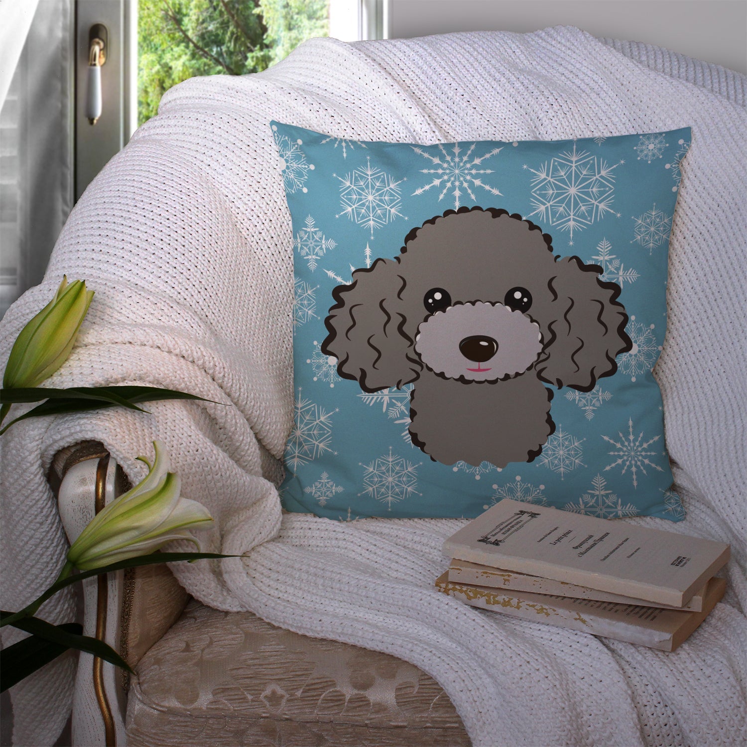 Snowflake Silver Gray Poodle Decorative Throw Pillow 14x14 Indoor Outdoor Accent Cushion, Fabric Cover with Insert for Sofa, Bed, Porch & Living Room