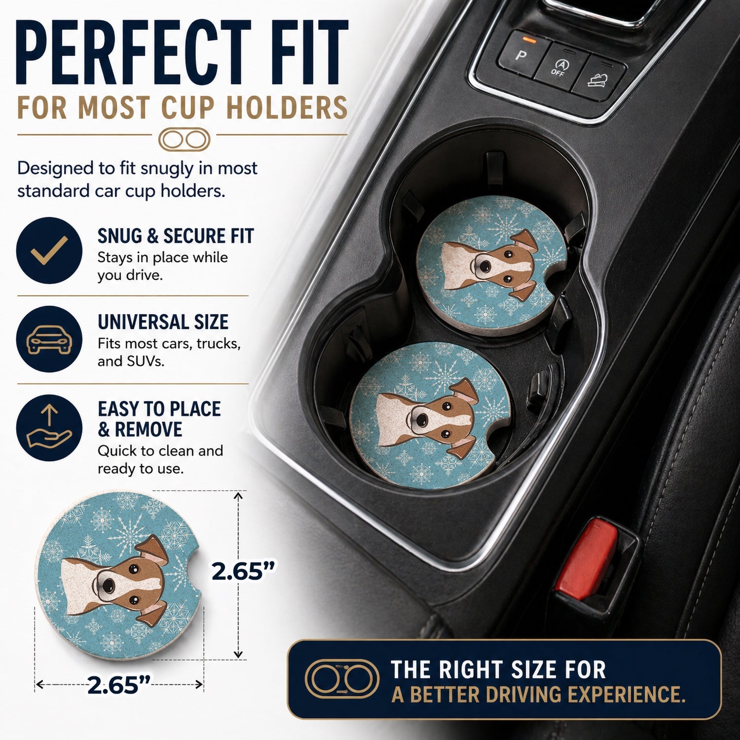 Snowflake Jack Russell Terrier Set of 2 Cup Holder Car Coasters Absorbent Round Sandstone Coasters Gifts for Men or Women, 2.5, Multicolor