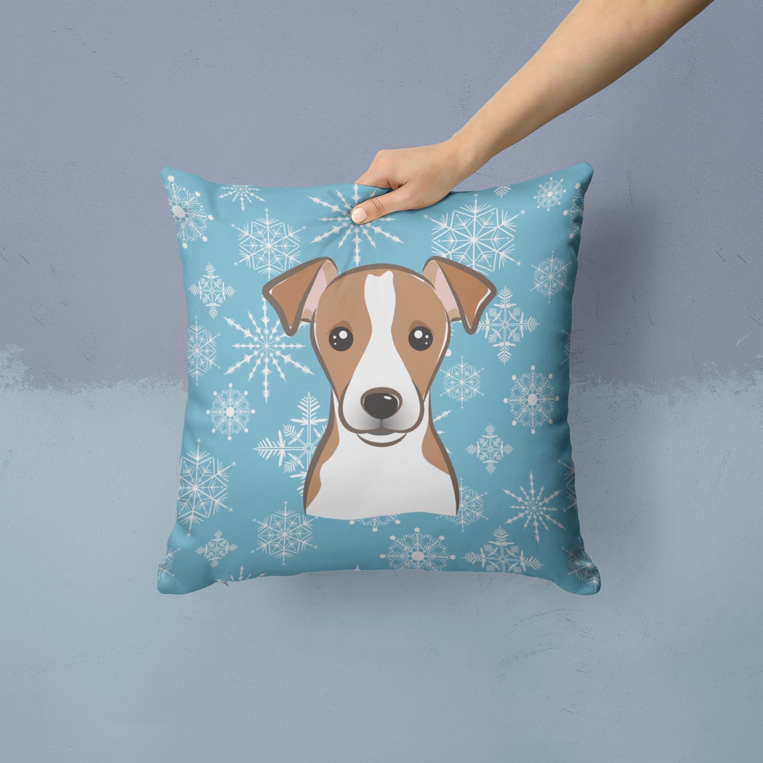 Snowflake Jack Russell Terrier Decorative Throw Pillow 14x14 Indoor Outdoor Accent Cushion, Fabric Cover with Insert for Sofa, Bed, Porch & Living Room