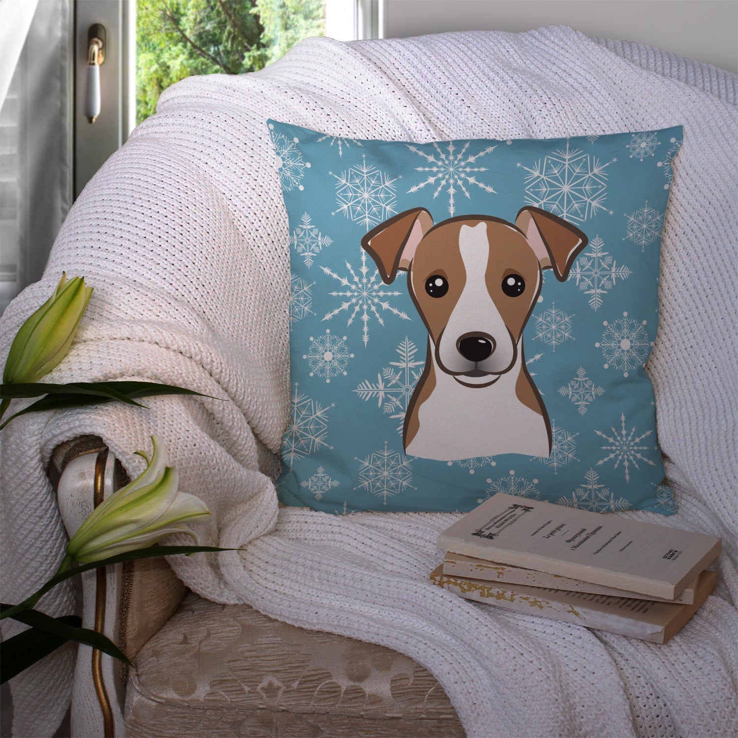 Snowflake Jack Russell Terrier Decorative Throw Pillow 14x14 Indoor Outdoor Accent Cushion, Fabric Cover with Insert for Sofa, Bed, Porch & Living Room