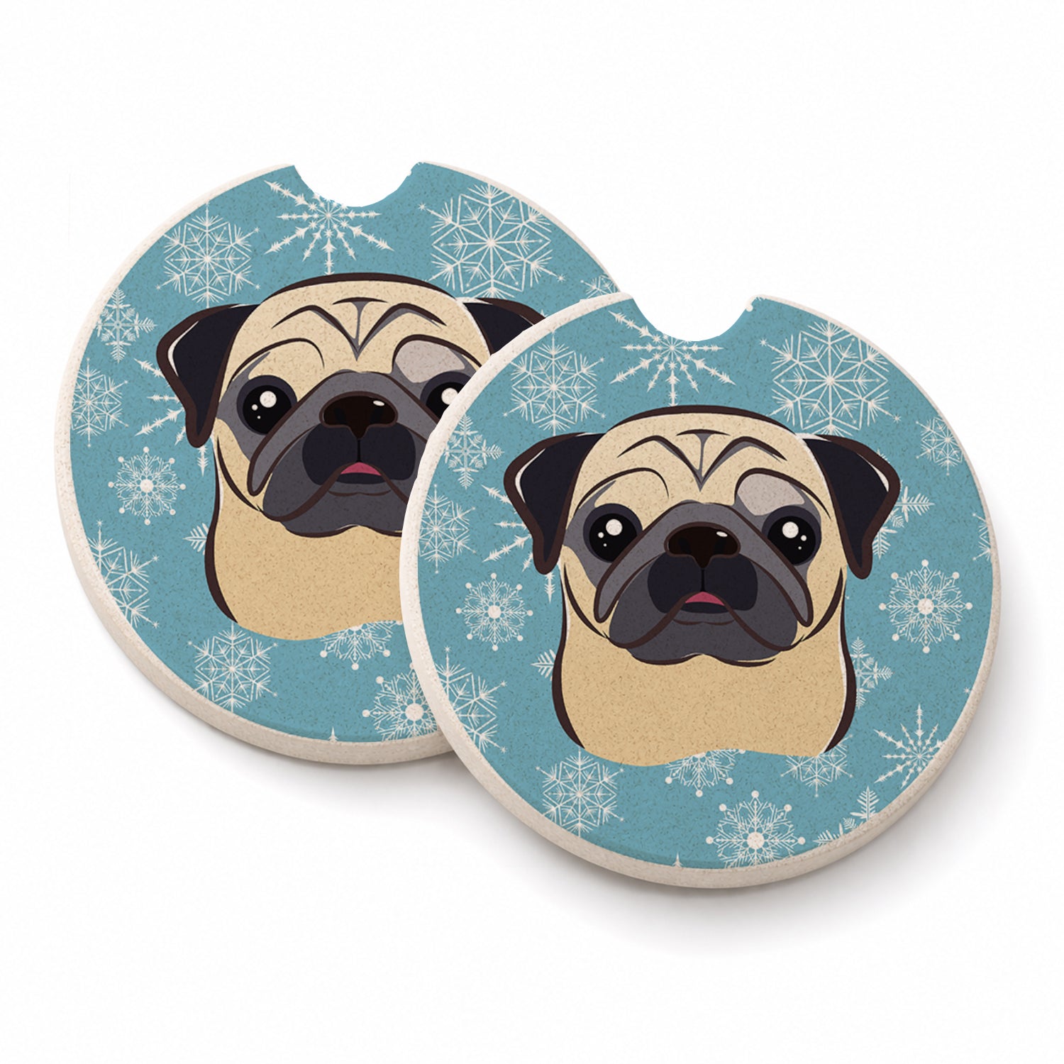 Snowflake Fawn Pug Set of 2 Cup Holder Car Coasters Absorbent Round Sandstone Coasters Gifts for Men or Women, 2.5, Multicolor