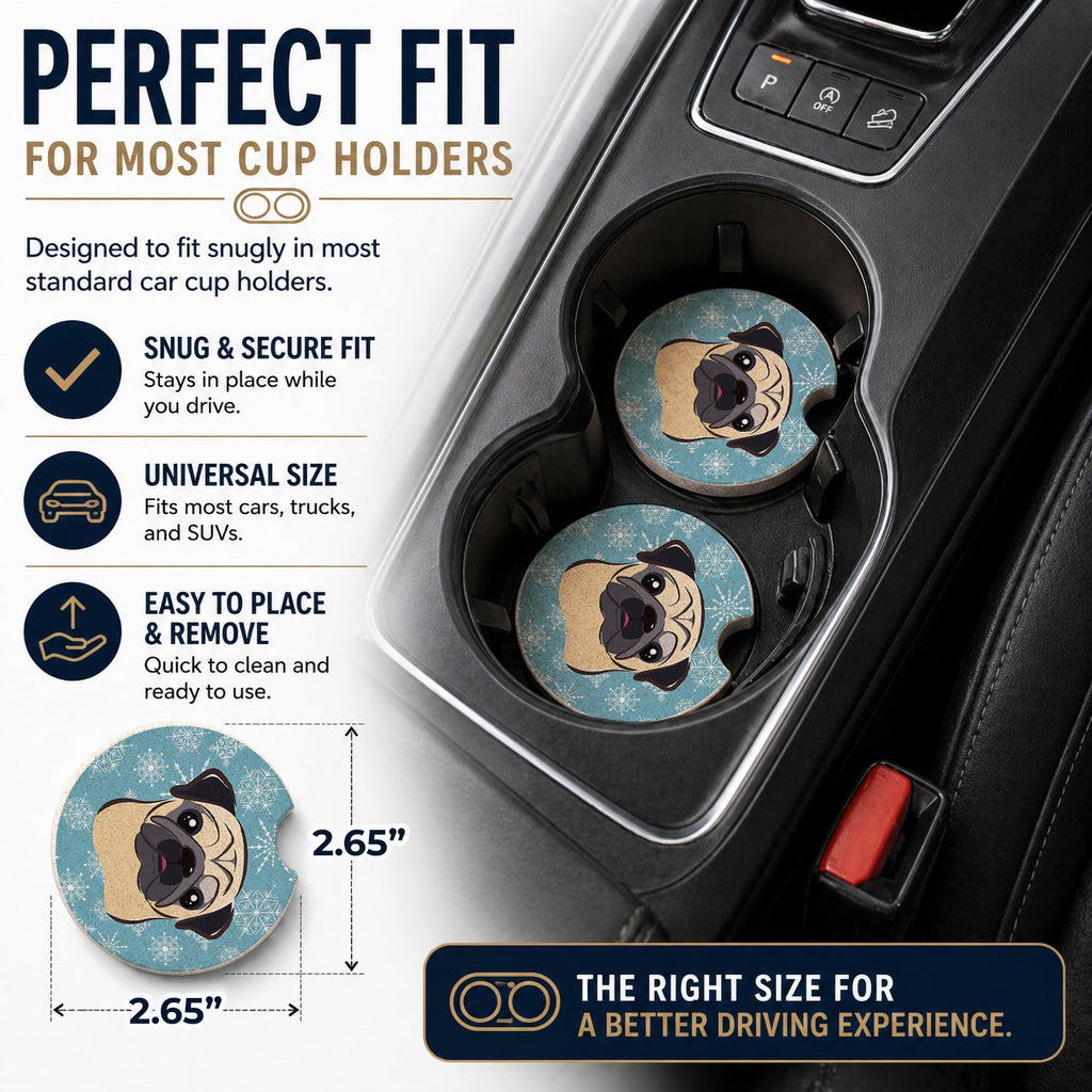 Snowflake Fawn Pug Set of 2 Cup Holder Car Coasters Absorbent Round Sandstone Coasters Gifts for Men or Women, 2.5, Multicolor