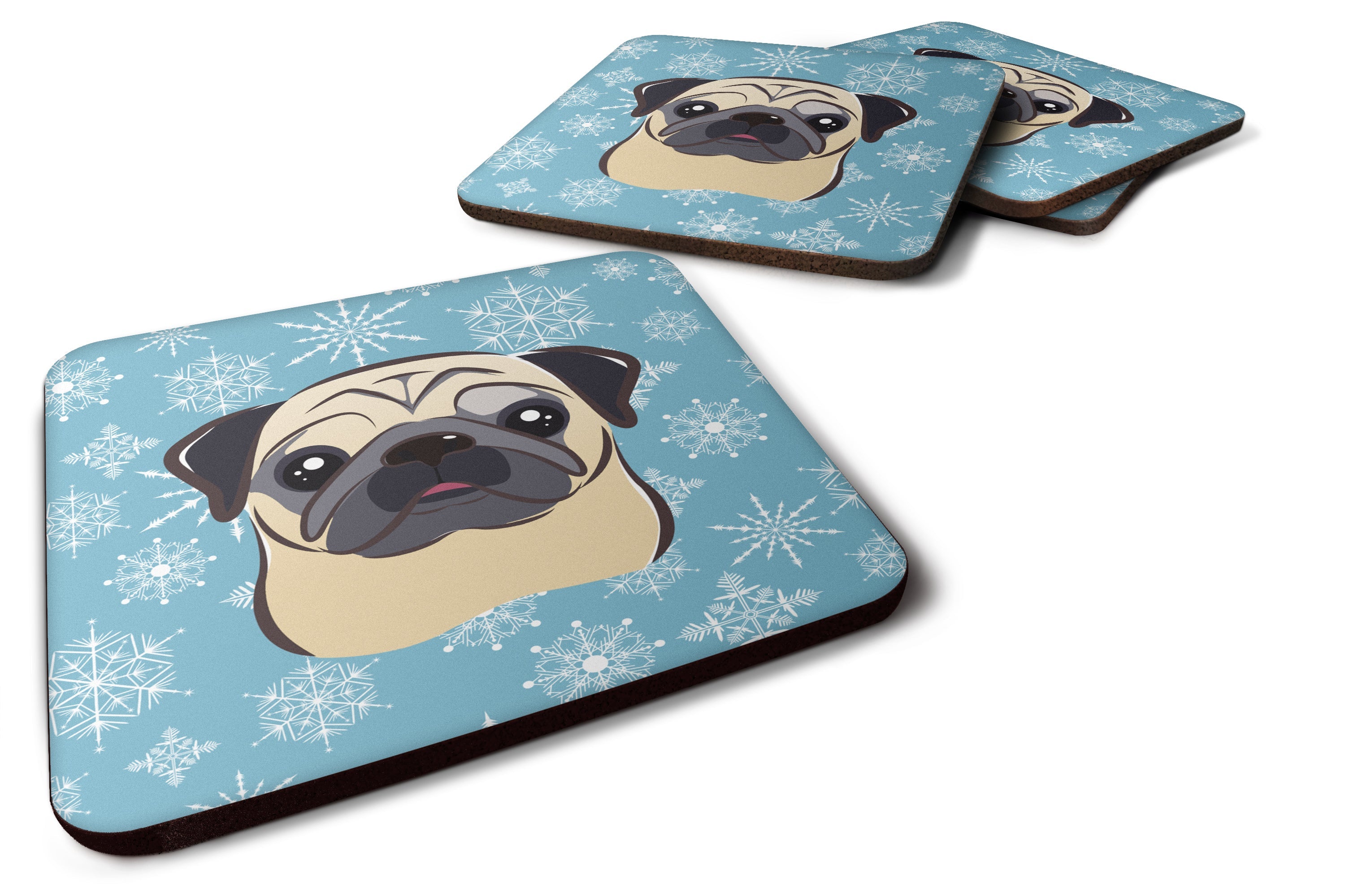 Snowflake Fawn Pug Foam Coasters Set of 4 Cup Coasters for Indoor Outdoor, Tabletop Protection, Anti Slip, Mouse pad Material