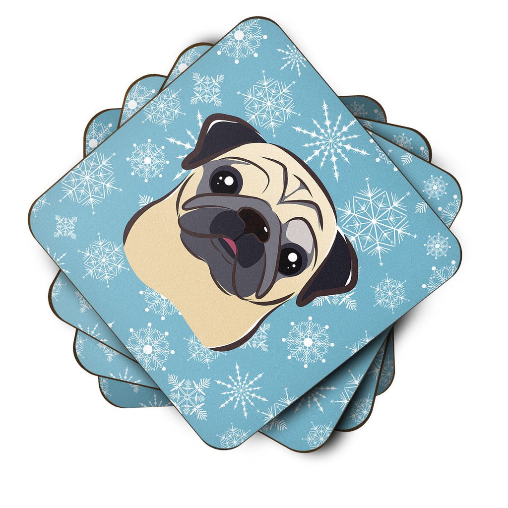 Snowflake Fawn Pug Foam Coasters Set of 4 Cup Coasters for Indoor Outdoor, Tabletop Protection, Anti Slip, Mouse pad Material