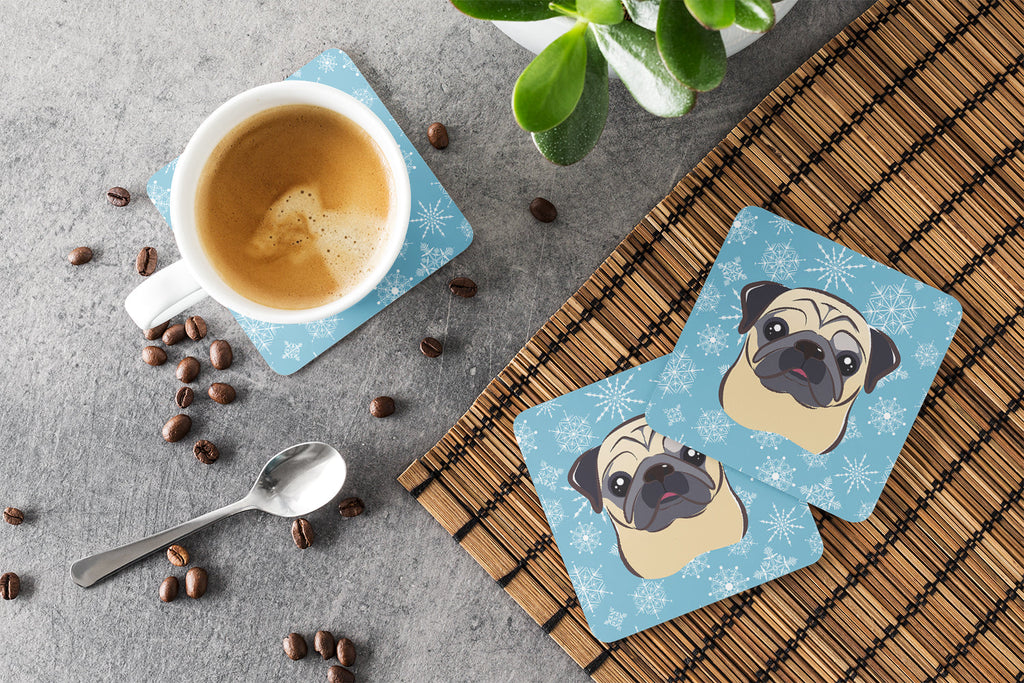 Snowflake Fawn Pug Foam Coasters Set of 4 Cup Coasters for Indoor Outdoor, Tabletop Protection, Anti Slip, Mouse pad Material