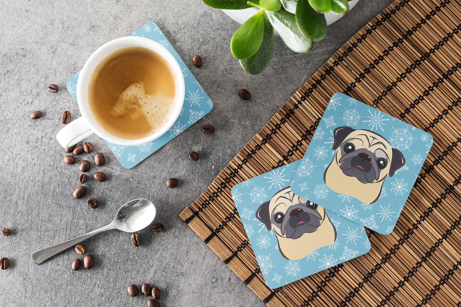 Snowflake Fawn Pug Foam Coasters Set of 4 Cup Coasters for Indoor Outdoor, Tabletop Protection, Anti Slip, Mouse pad Material