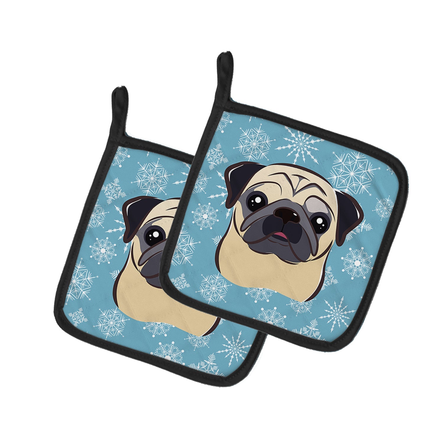 Snowflake Fawn Pug Pot Holder Set of 2 Heat Resistant Quilted Hot Pads 7.5 x 7.5 Inch, Insulated Kitchen Trivets for Cooking & Baking