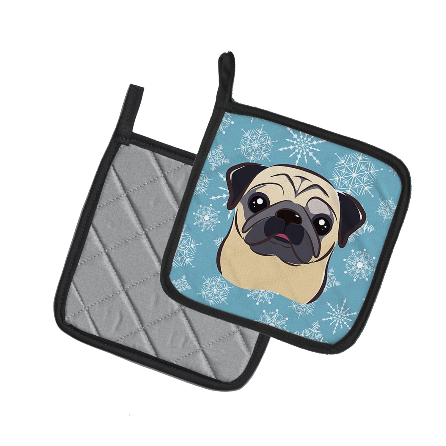 Snowflake Fawn Pug Pot Holder Set of 2 Heat Resistant Quilted Hot Pads 7.5 x 7.5 Inch, Insulated Kitchen Trivets for Cooking & Baking