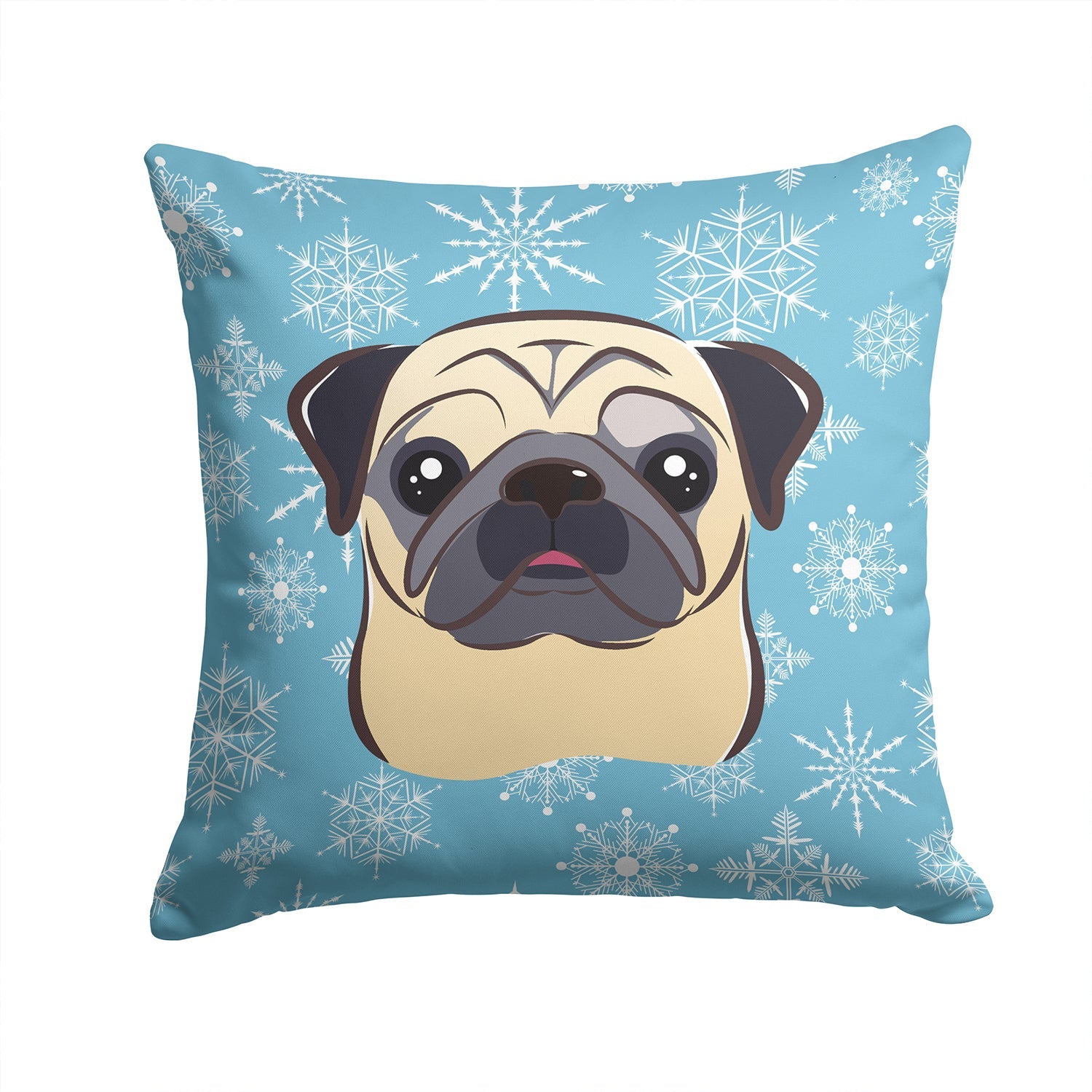 Snowflake Fawn Pug Decorative Throw Pillow 14x14 Indoor Outdoor Accent Cushion, Fabric Cover with Insert for Sofa, Bed, Porch & Living Room