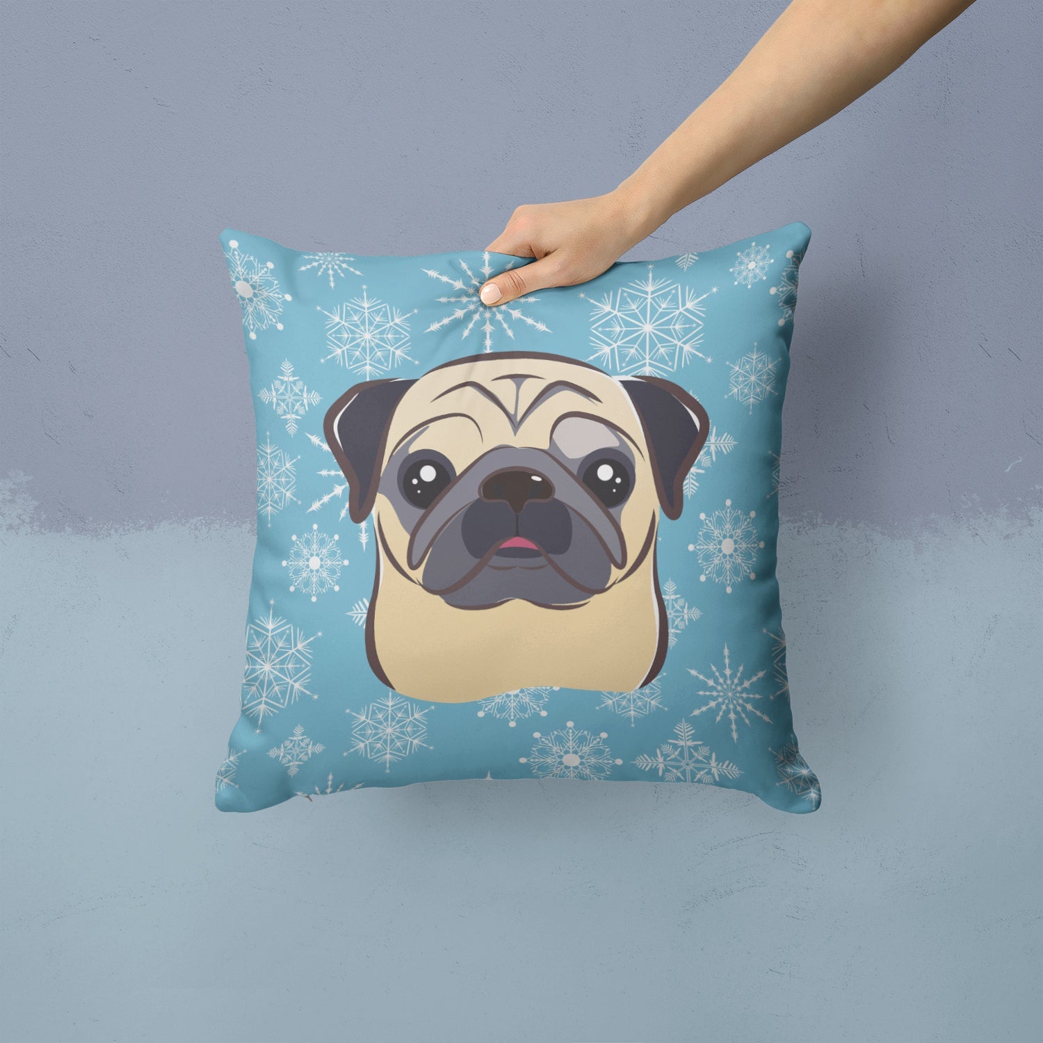 Snowflake Fawn Pug Decorative Throw Pillow 14x14 Indoor Outdoor Accent Cushion, Fabric Cover with Insert for Sofa, Bed, Porch & Living Room