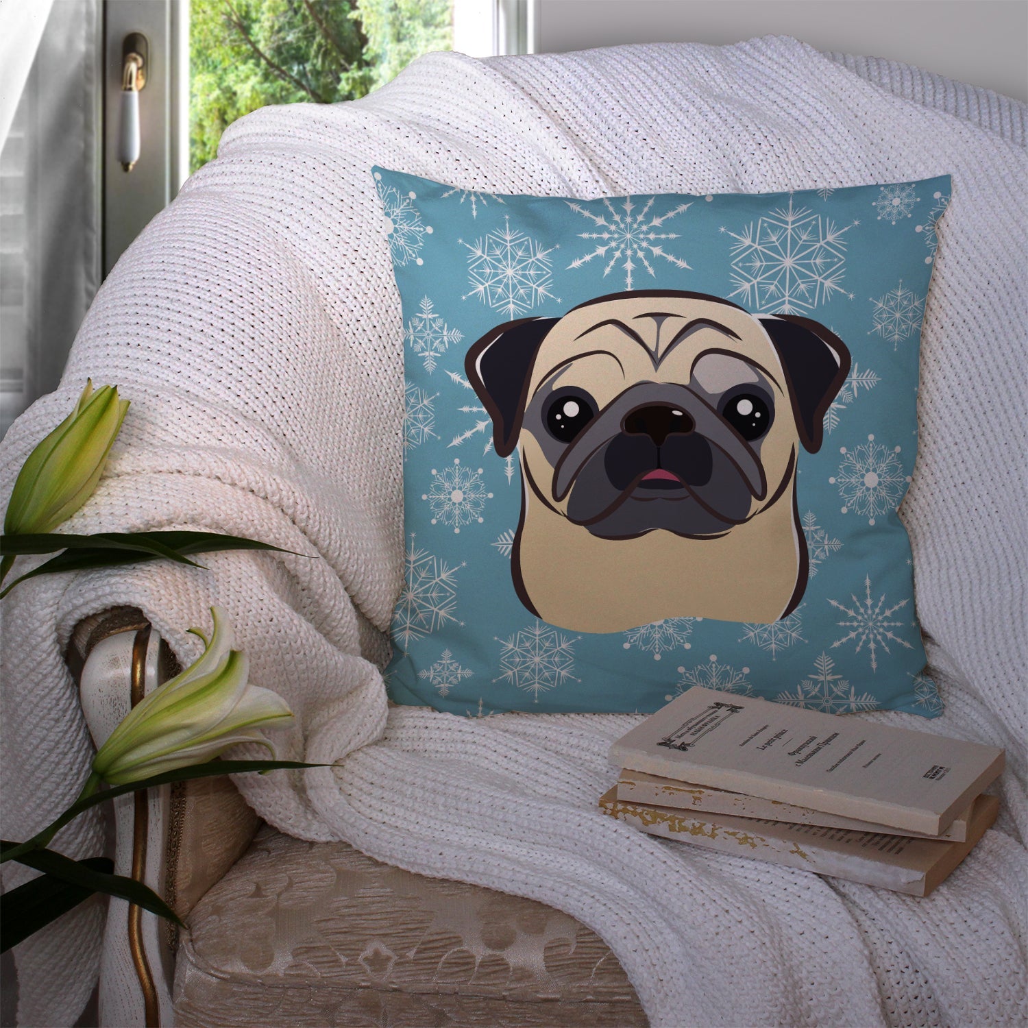 Snowflake Fawn Pug Decorative Throw Pillow 14x14 Indoor Outdoor Accent Cushion, Fabric Cover with Insert for Sofa, Bed, Porch & Living Room