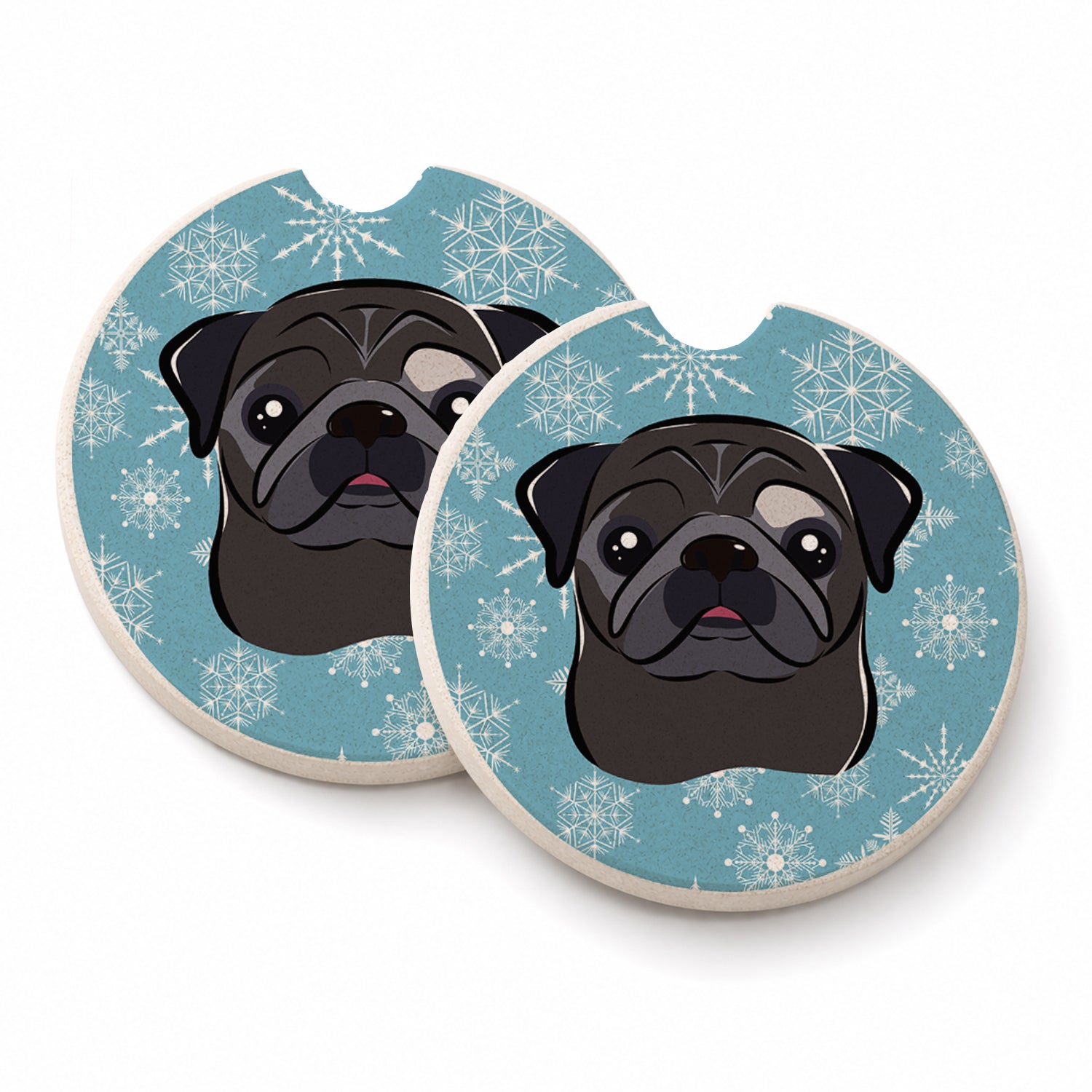 Snowflake Black Pug Set of 2 Cup Holder Car Coasters Absorbent Round Sandstone Coasters Gifts for Men or Women, 2.5, Multicolor