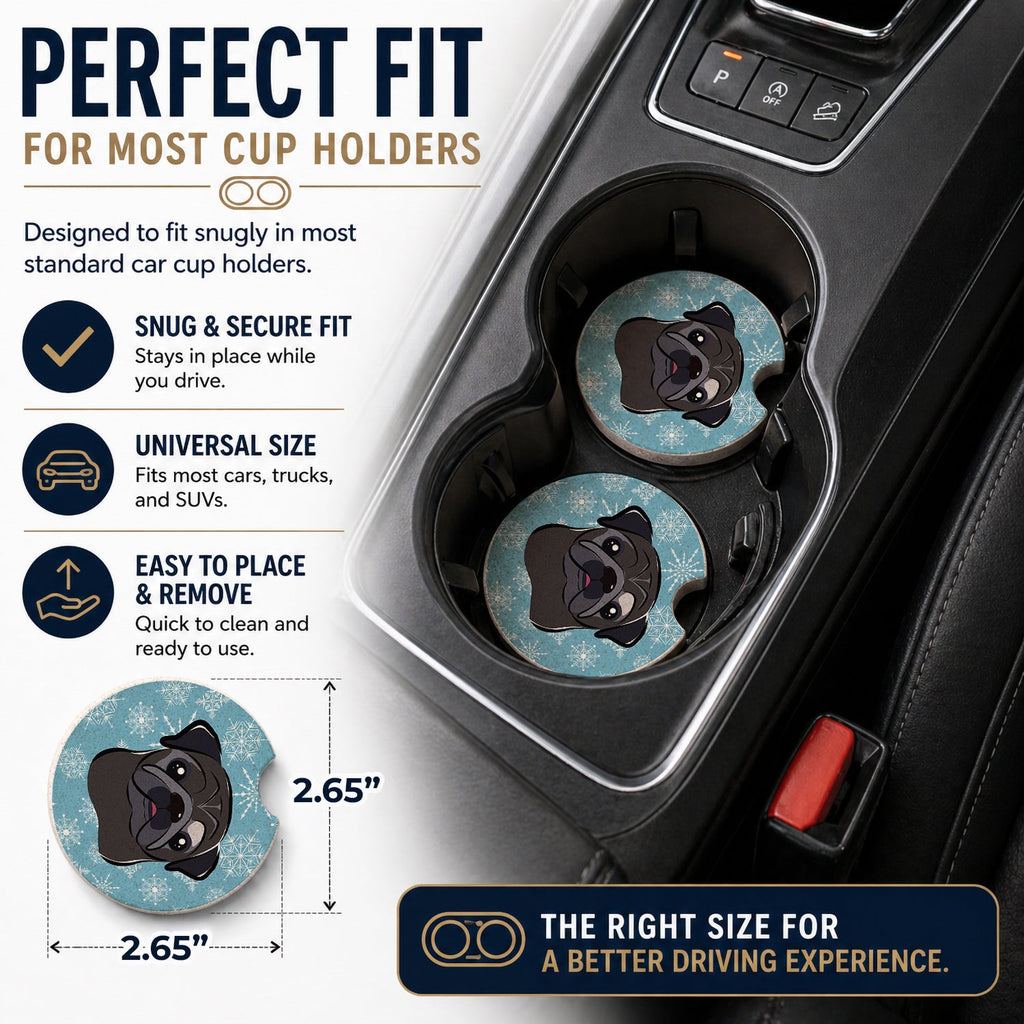 Snowflake Black Pug Set of 2 Cup Holder Car Coasters Absorbent Round Sandstone Coasters Gifts for Men or Women, 2.5, Multicolor