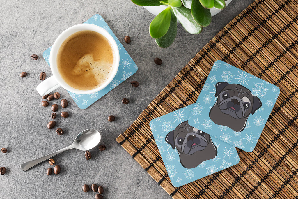 Snowflake Black Pug Foam Coasters Set of 4 Cup Coasters for Indoor Outdoor, Tabletop Protection, Anti Slip, Mouse pad Material