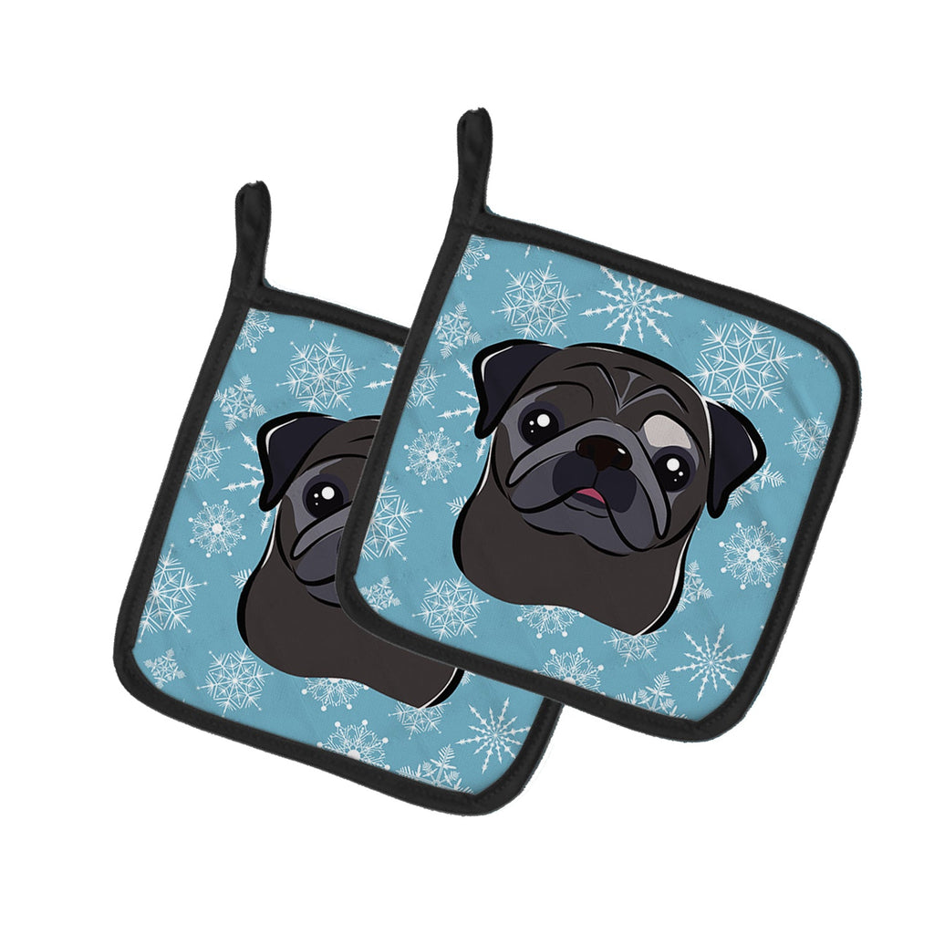 Snowflake Black Pug Pot Holder Set of 2 Heat Resistant Quilted Hot Pads 7.5 x 7.5 Inch, Insulated Kitchen Trivets for Cooking & Baking
