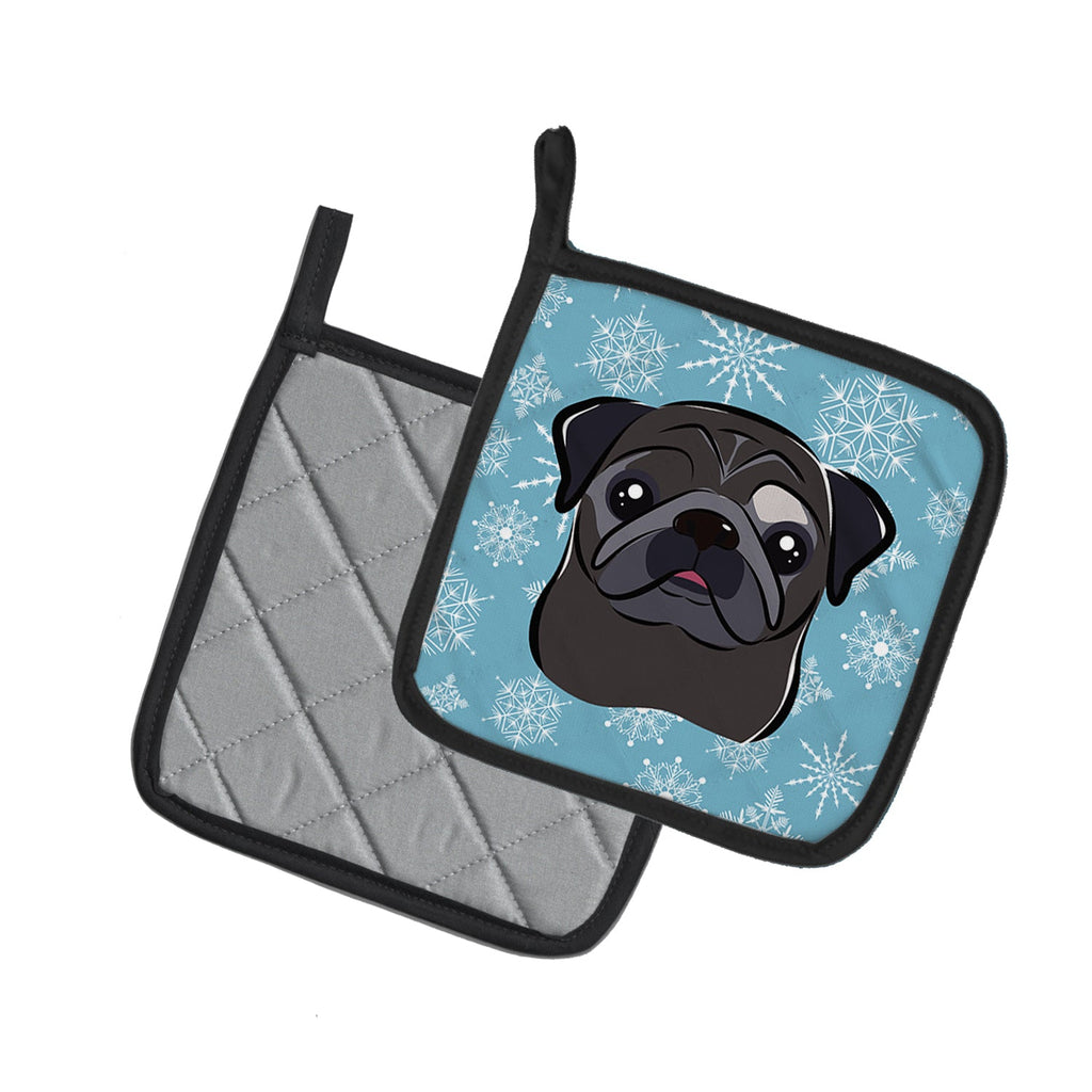 Snowflake Black Pug Pot Holder Set of 2 Heat Resistant Quilted Hot Pads 7.5 x 7.5 Inch, Insulated Kitchen Trivets for Cooking & Baking